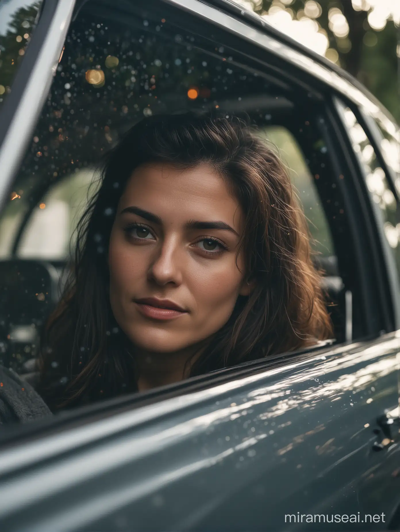 woman realistic, cinematic lighting, f1.2 with bokeh , as real as possible outdoor photography inside the car reflects the light on window shoot from out of car. reflect the tree on the window. 35mm lense long shot