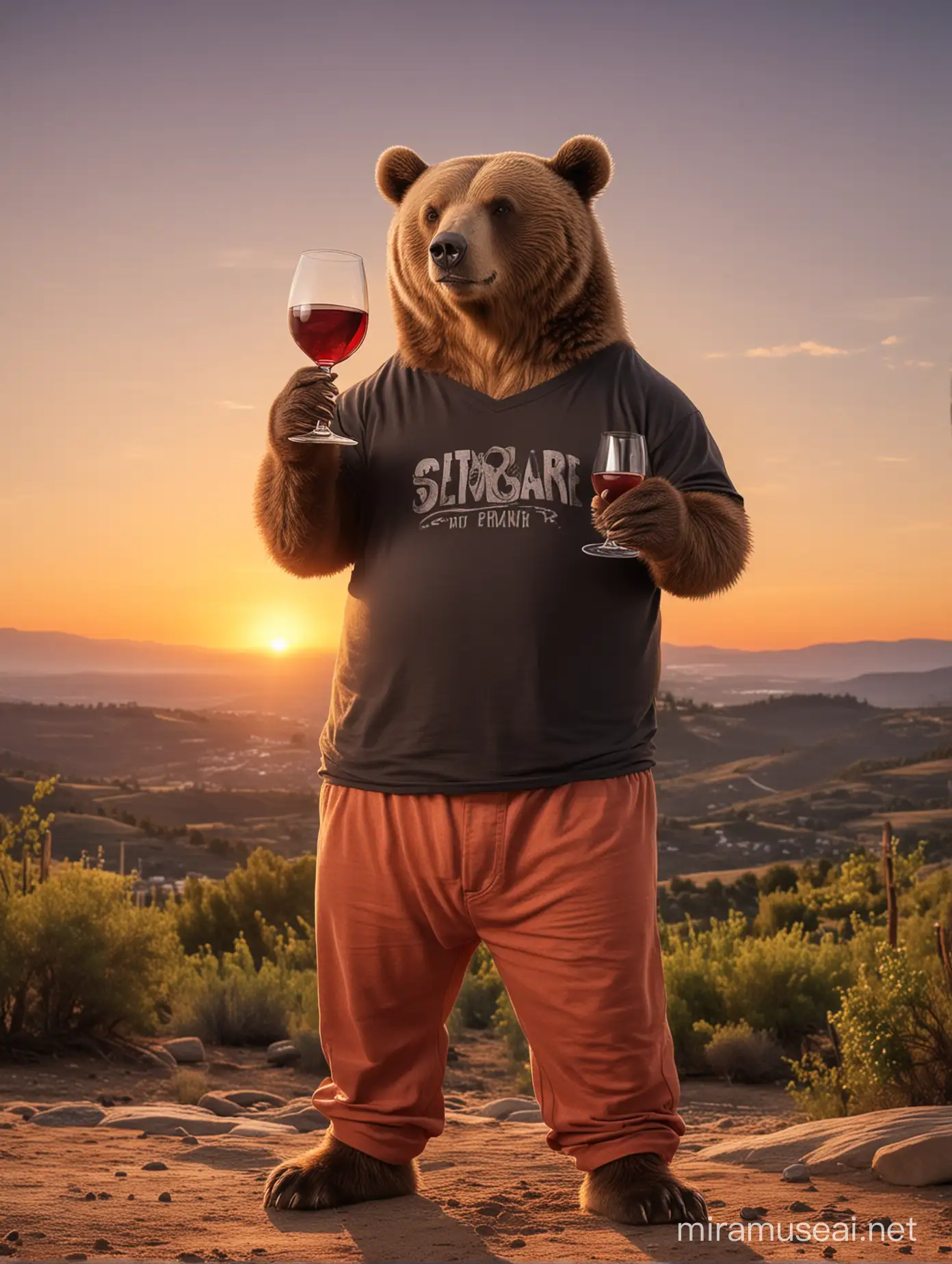 bear standing in a sunset, drinking a wine glass, wearing a pant and t-shirt, enjoying