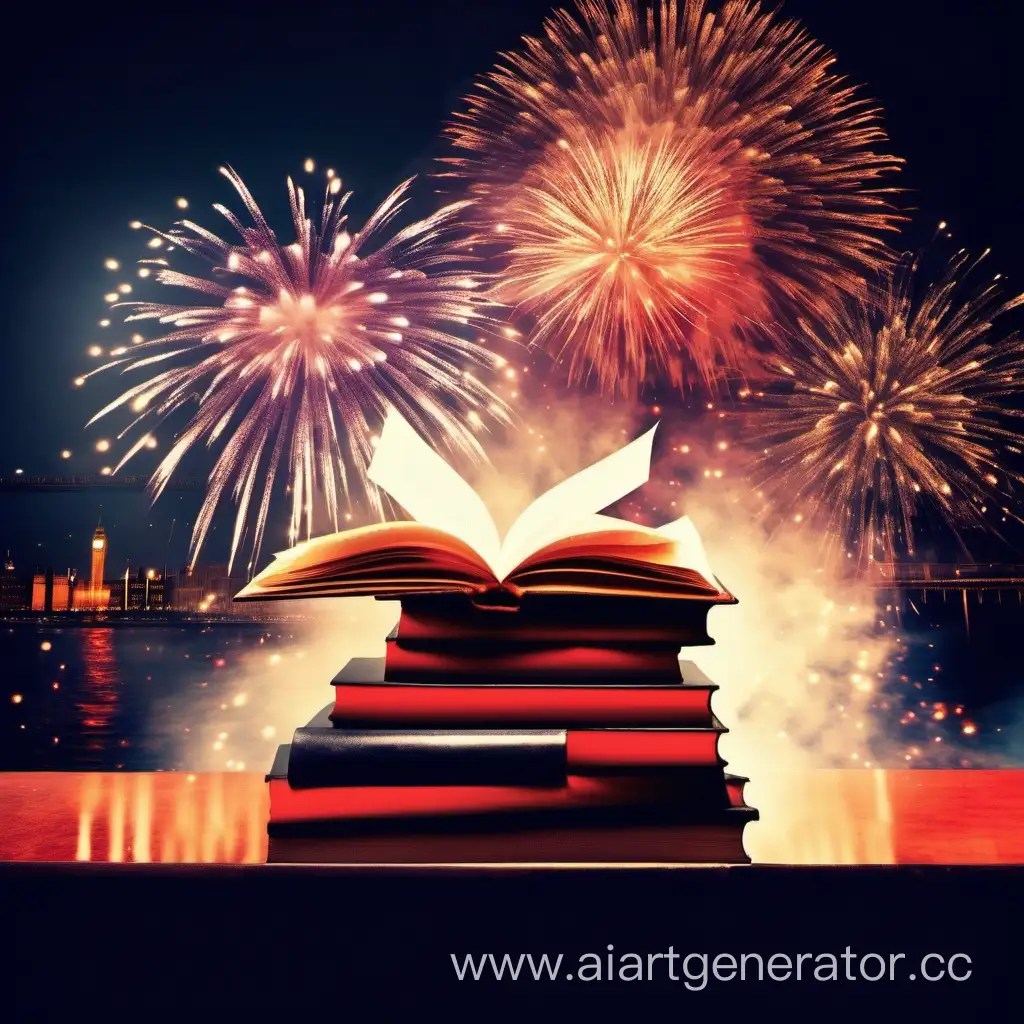 books against the backdrop of fireworks