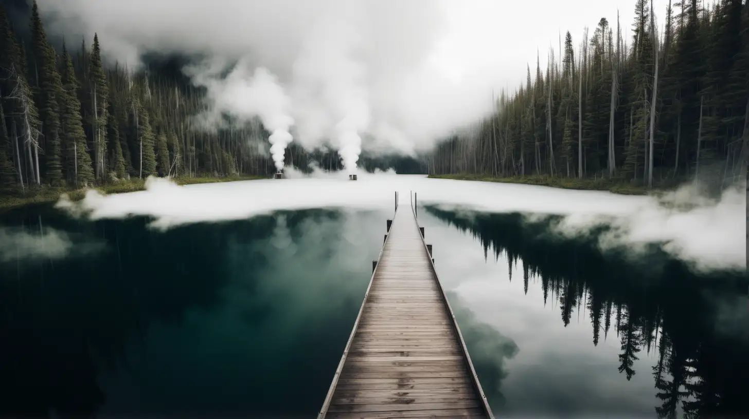 beautiful isolated lake surrounded by wilderness steam coming off the water looking down a long dock
