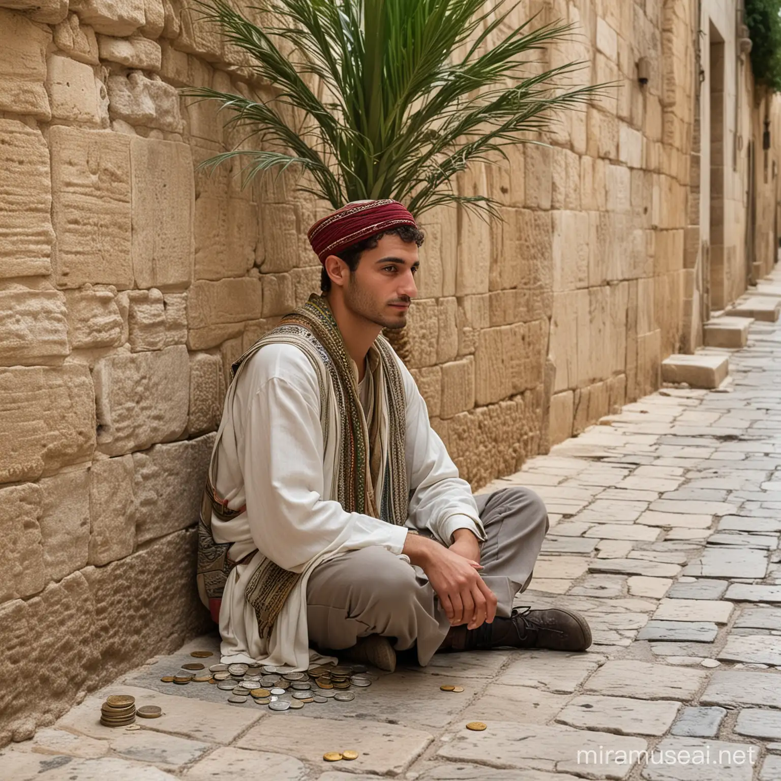real palm tree fronds on ancient roads,  a down trodden young man sitting, wearing middle eastern garments, holding a small bag of silver coins, no cars, Jerusalem streets