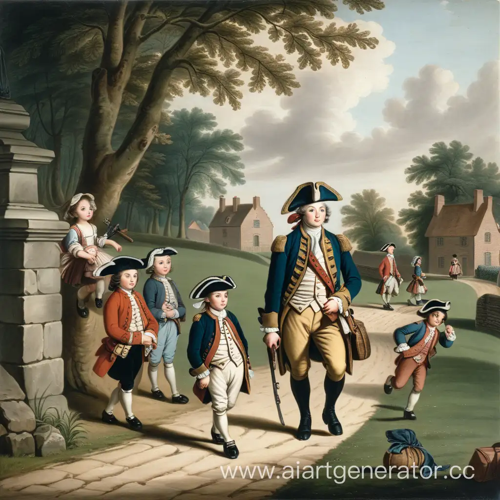 на переднем плане по дорожке идет в право военный в одежде 1773 года, на заднем плане 4 ребенка играют 
 