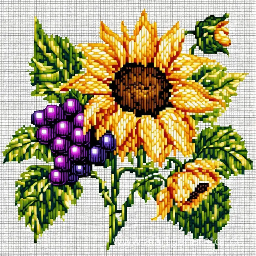 Cross-stitched flowers on a white background: sunflower, rose, grape
