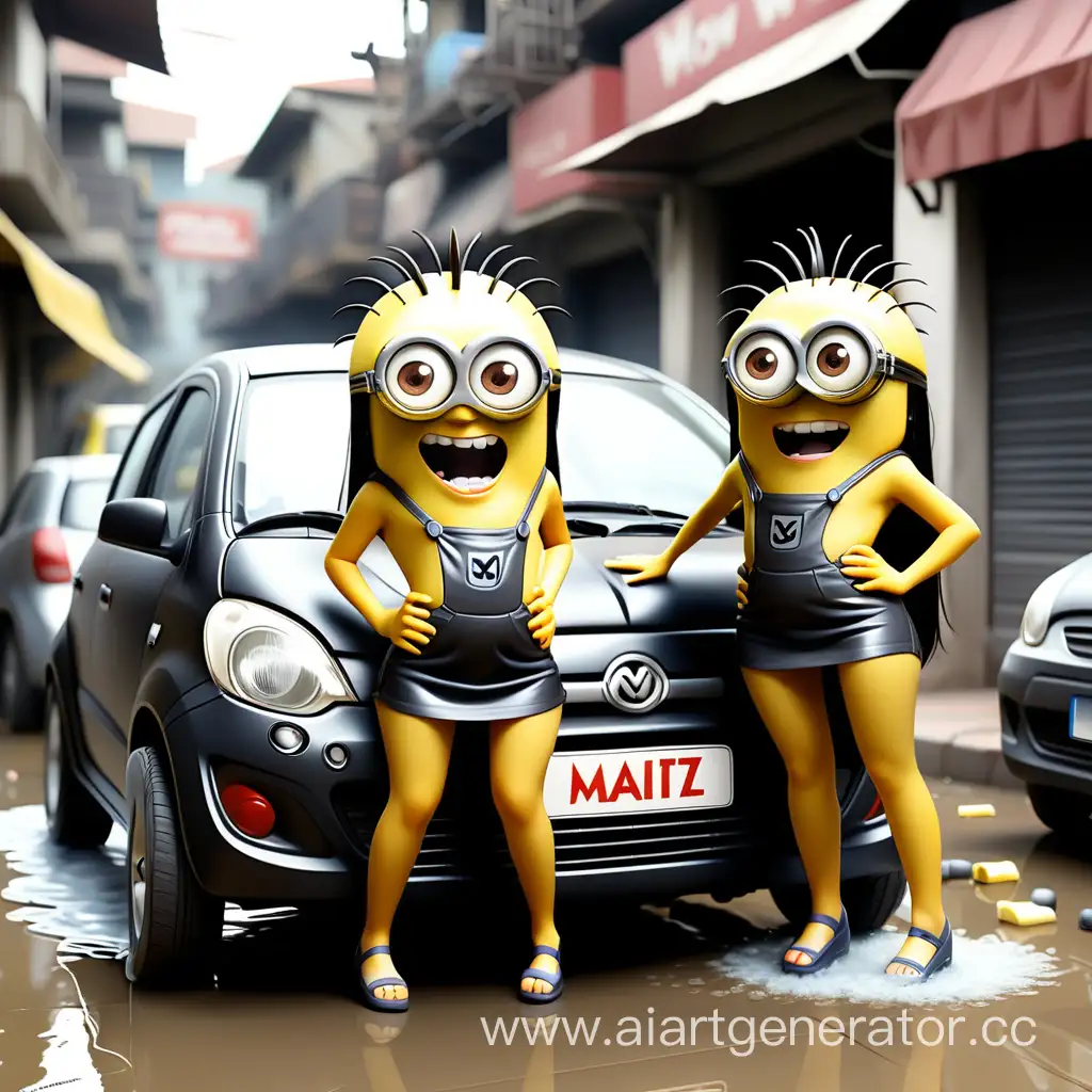 SemiNaked-Minion-Girls-Washing-Black-Daweo-Matiz-Car