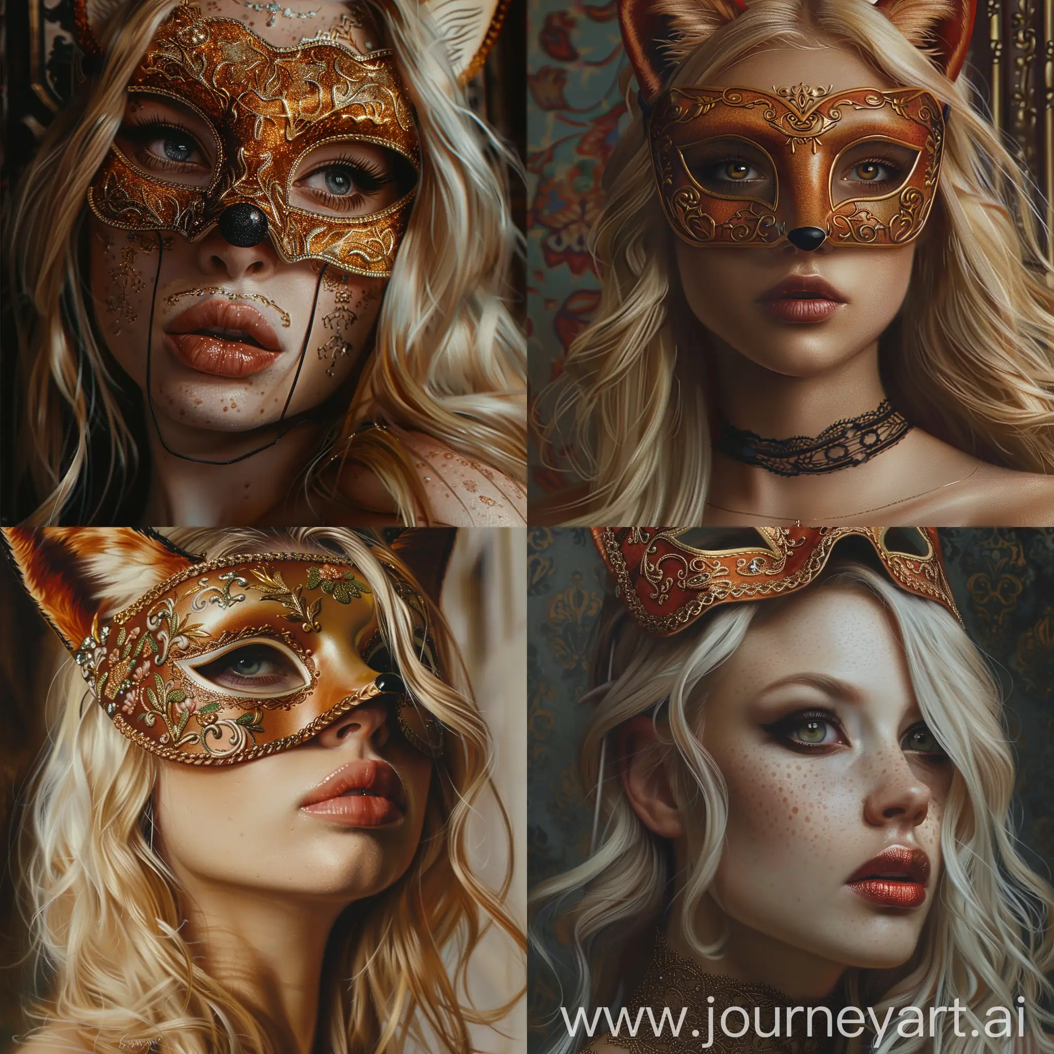 hyper detail, photo realistic, ultra detailed, 4k, portrait, woman, venetian carnival, fox mask, blond hair, oil painting 