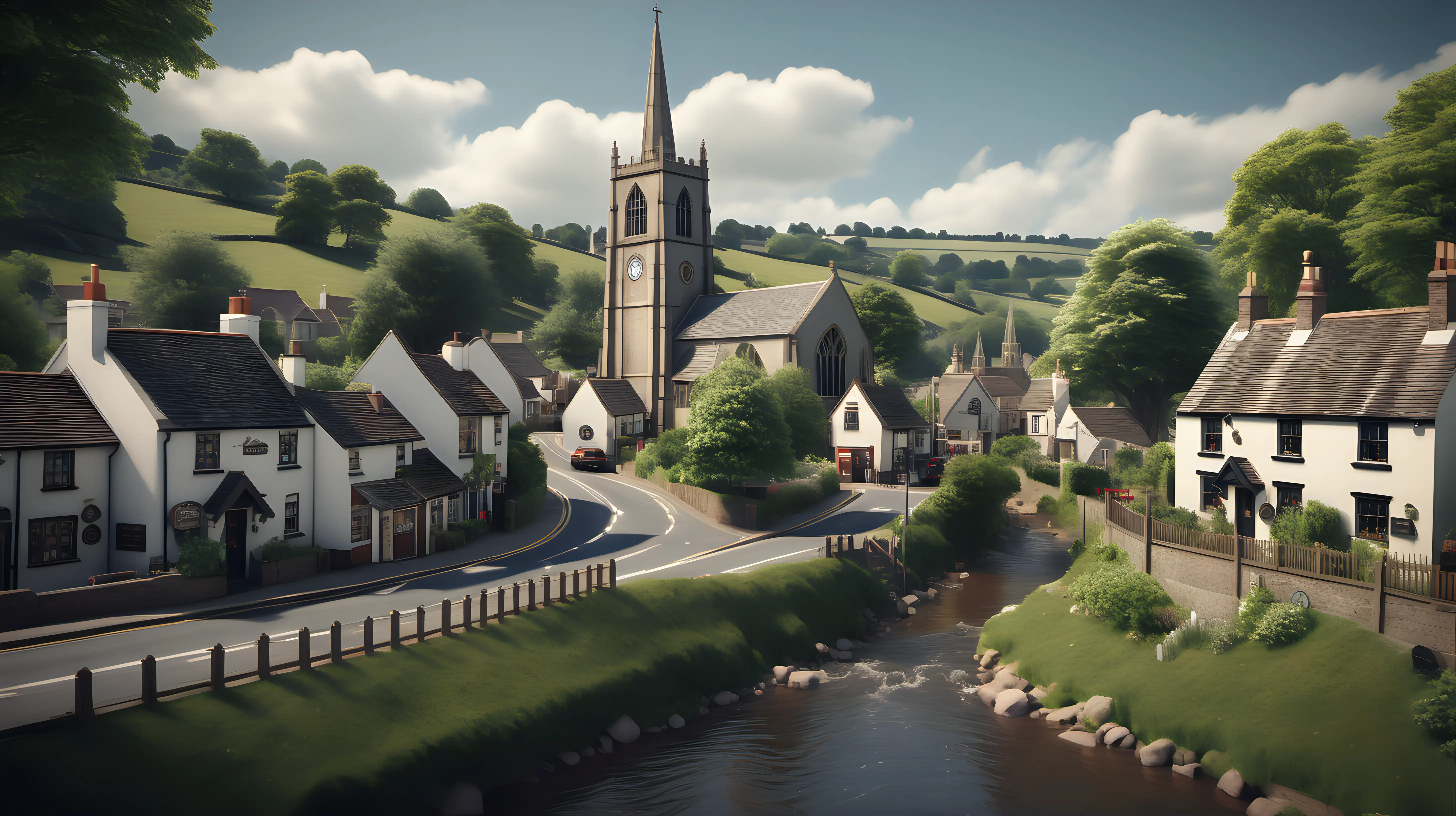 Cute english village, with a church, houses, pub, school, a river running through the centre, hills in the background with trees. Ultra realistic. Street level Shot.