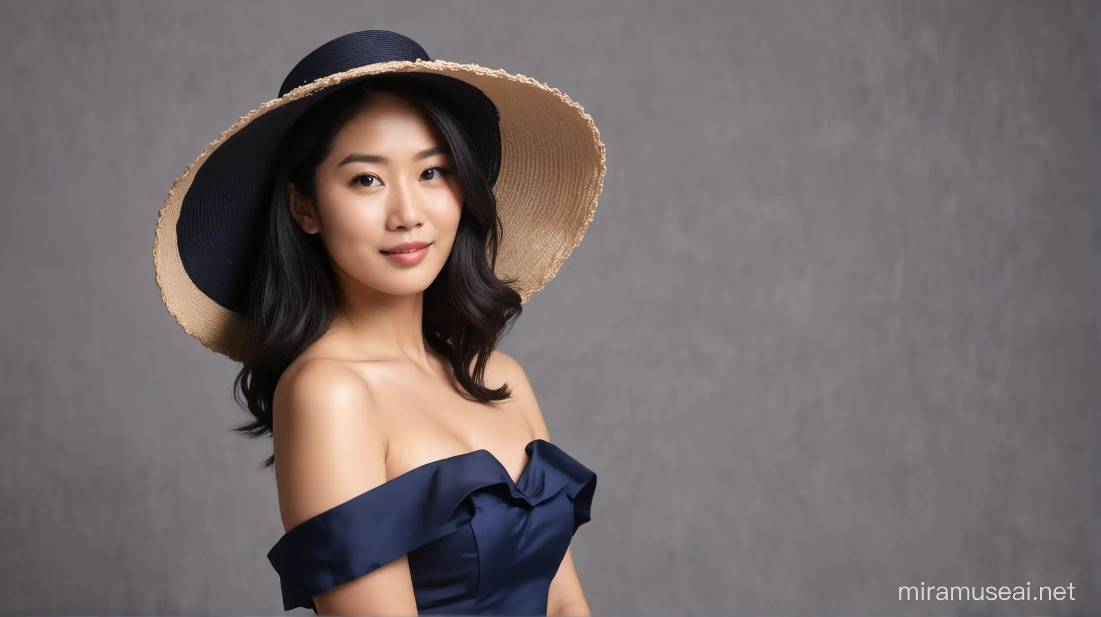 Handsome 30 year old asian woman dressed in strapless dark blue dress and wide black wavy hat. Behind her is the beautiful woman in the world