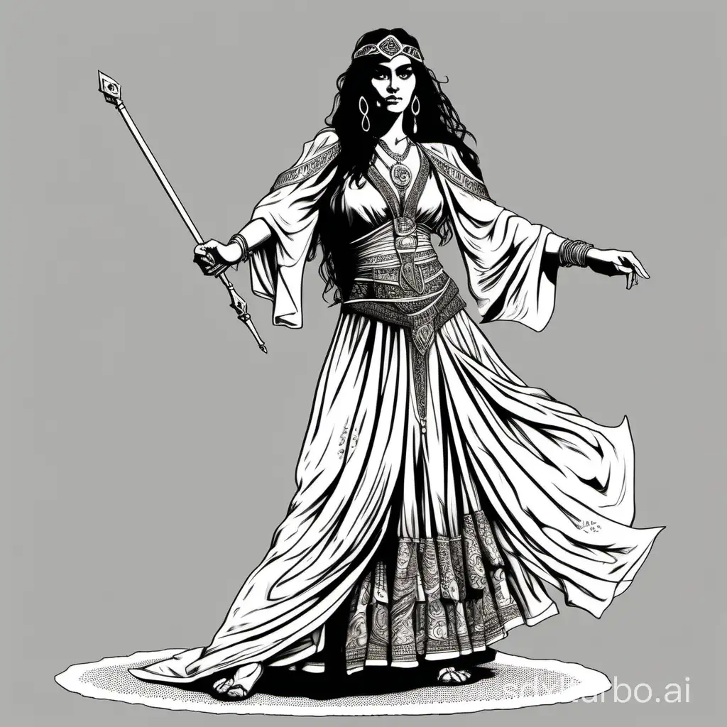 style of 1980 Dungeons and Dragons, plain white background, a beautiful gypsy:priestess dancer, isolated in white, 1bit bw,