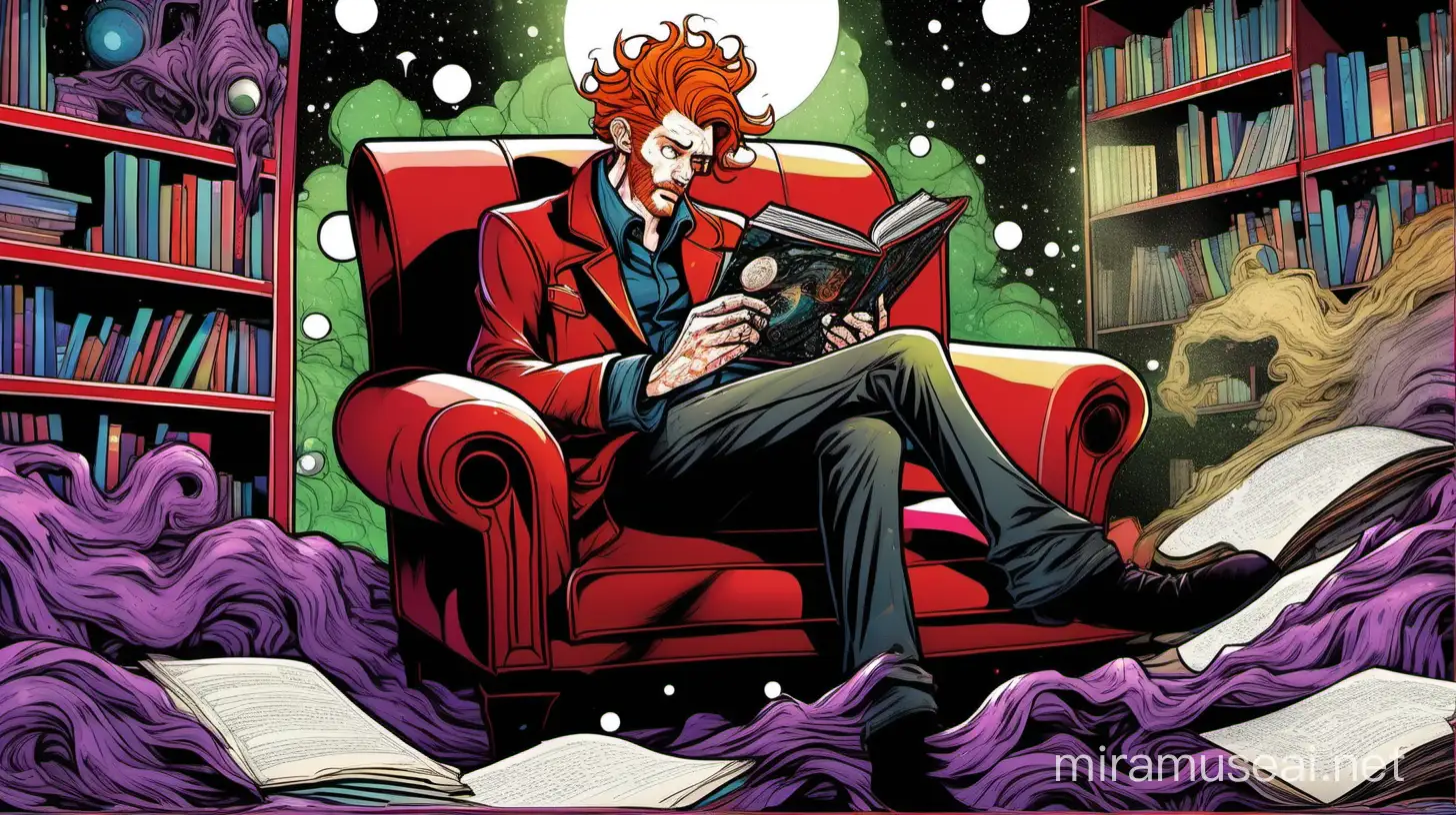 skinny disheveled disorganized 30s male, ratty shoulder-length red ginger hair, scruffy stubble, psychedelic pattern open overcoat, reading book with matching pattern, ripped black jeans, casual unconventional lounging position, floating couch in otherworldly nebula eldritch space lounge room, western animation comics character painting splash