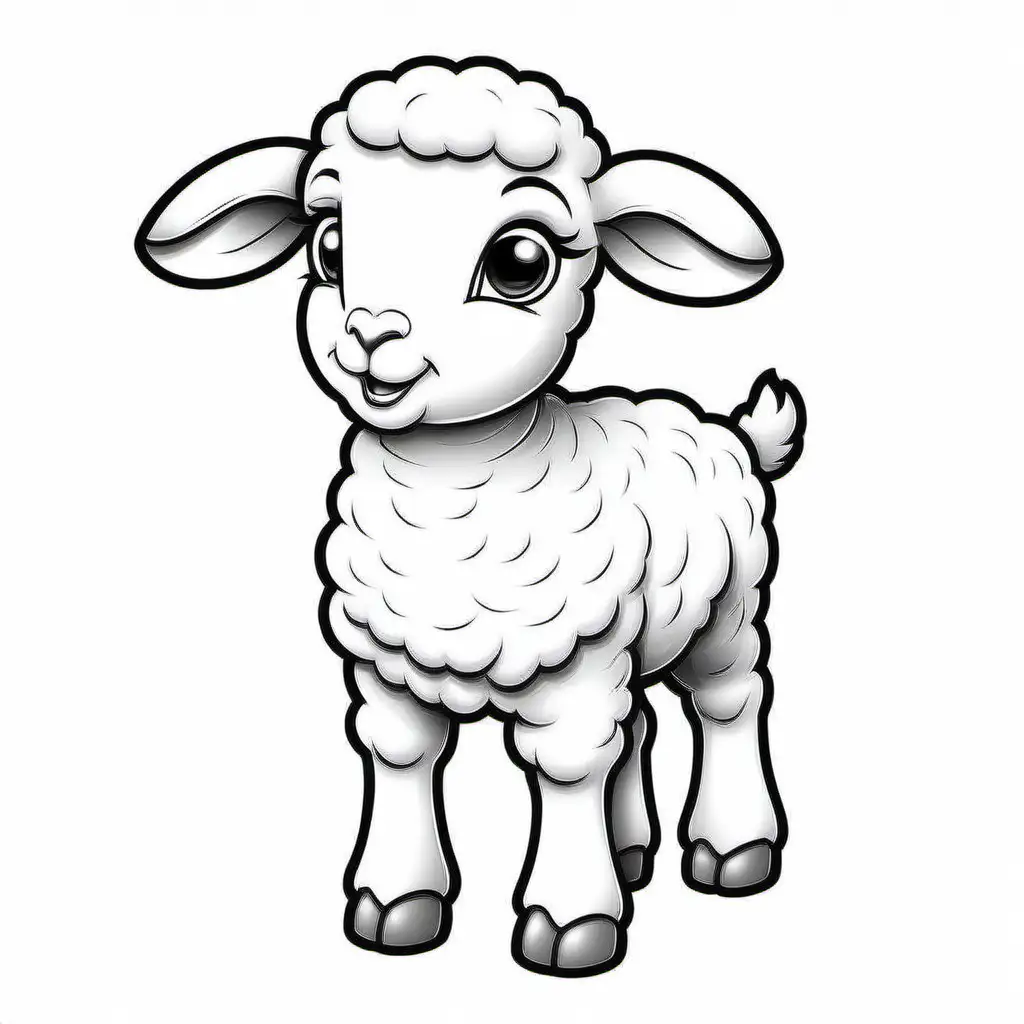 australian cartoon lamb detailed drawing black and white, kids colouring book stencil, black lines only white background, fine lines, friendly cartoon, no grey, no shading. no infill