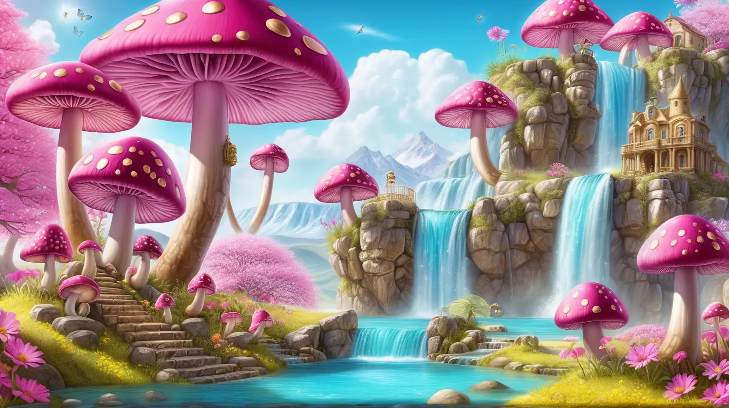 Magical Fairytale bright pink waterfall-mushrooms and gold and gemstones and treasure chests and bright-pink flowers-growing by an oasis with bright sunny sky and dandelions