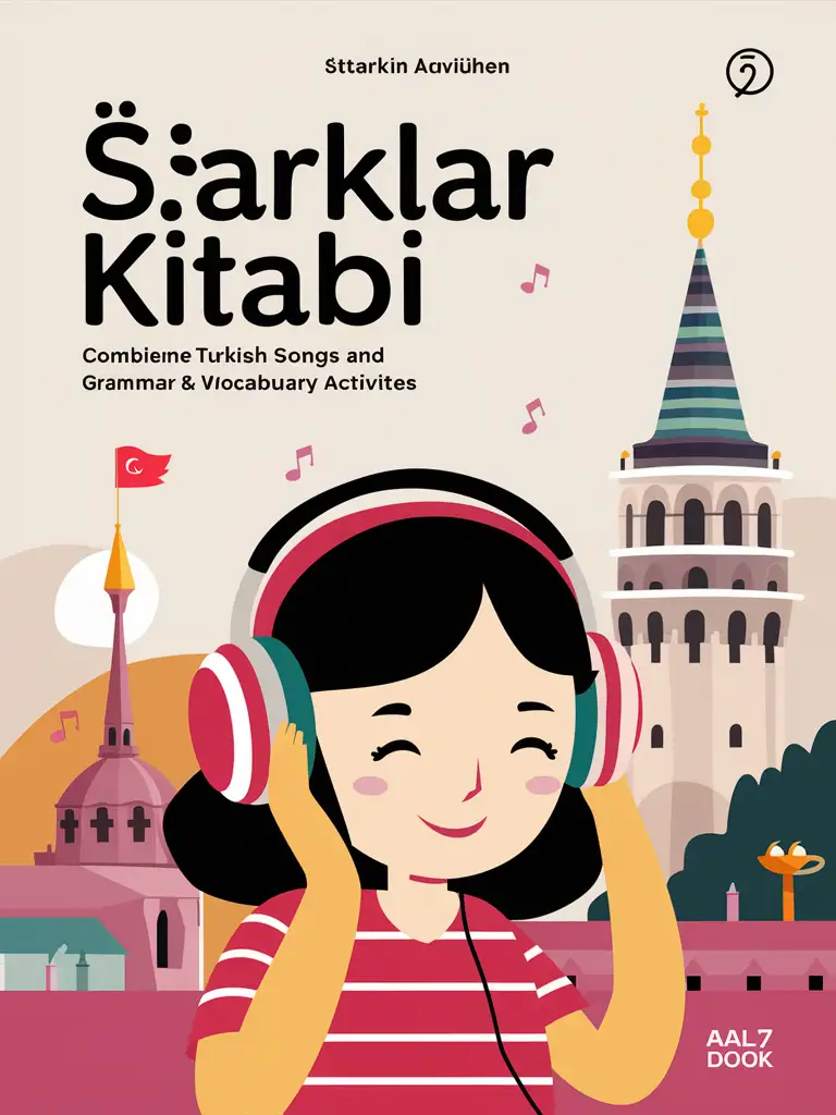Cover for a book with listening activities. Inside there will be Turkish songs and grammar and vocabulary activities based on them. A girl listens to music with headphones in the background in Turkish sights. The style is animated cartoon, very minimalism. Book title "Şarklar kitabı". Author's name: Milana Rybakova