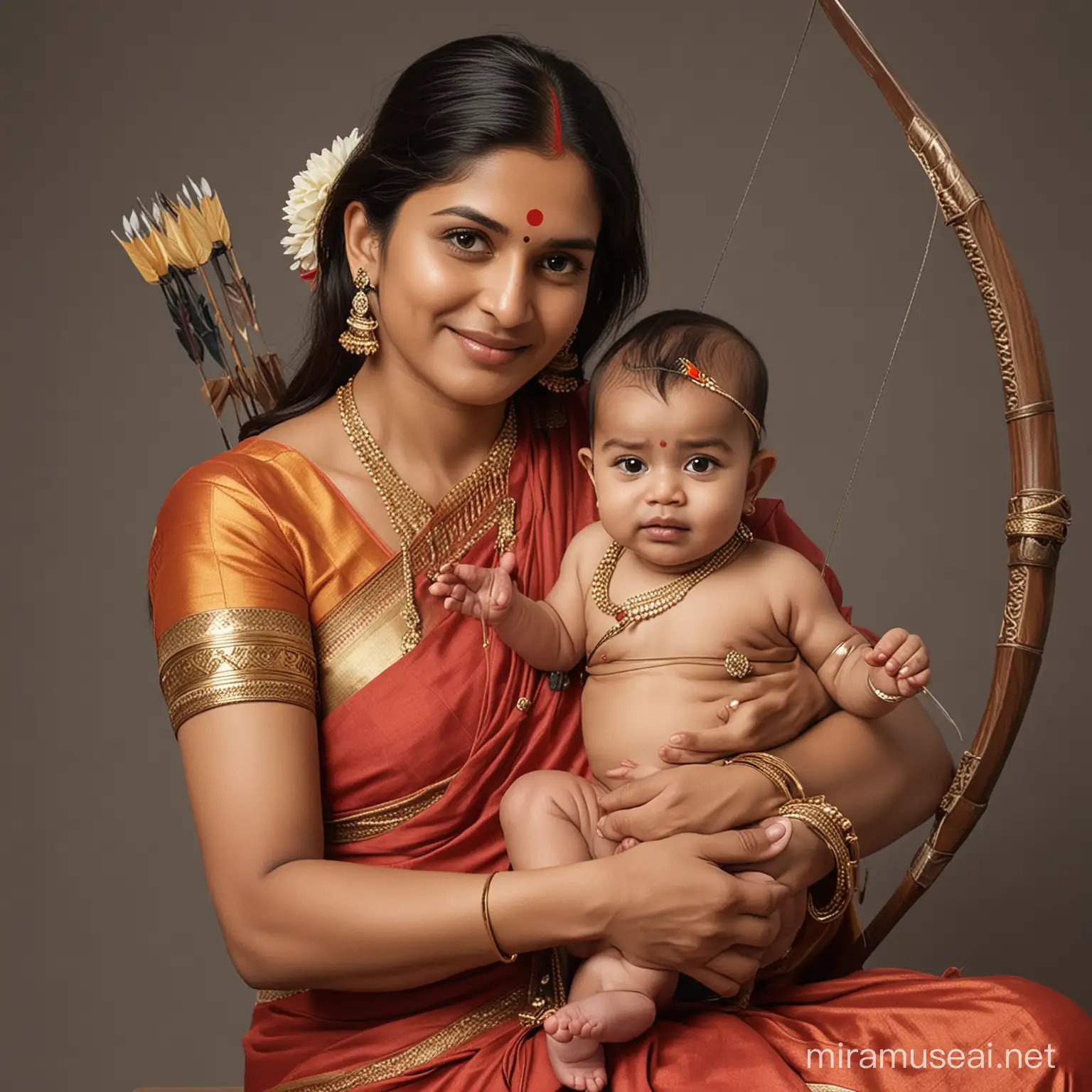 image of load RAMA with big U Shape tilak and bow and arrow as baby avatar seating in the lap of his mother(only one baby), side face of mother, without any background, full size image