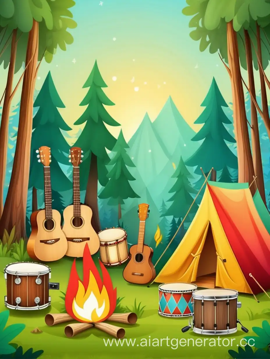 Банер детского лагеря, фон лес, находятся внизу - палатки, костер, барабан, гитара, дети - атрибуты лагеря, лагерь, яркая тема