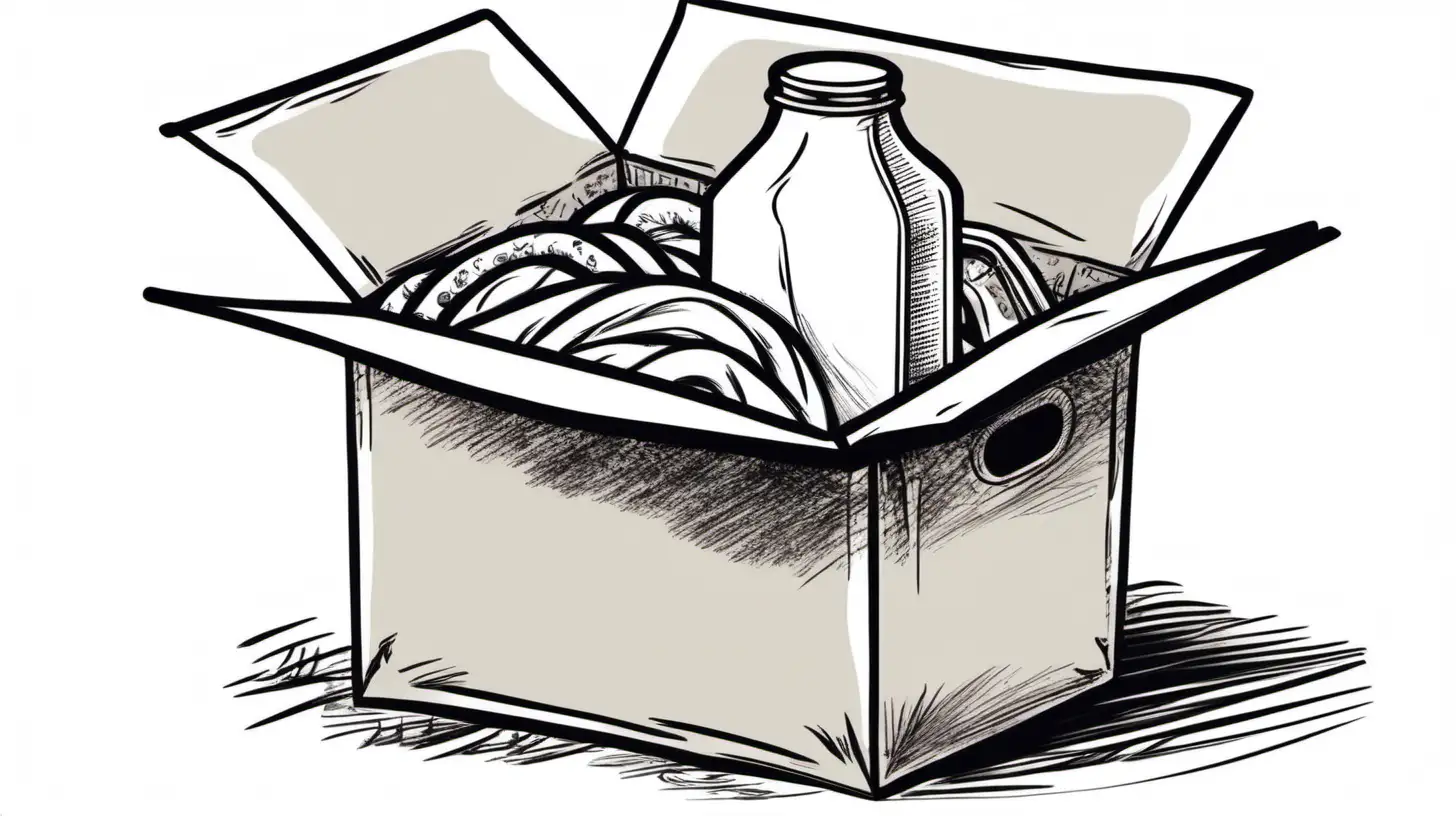 A jug of milk sitting inside a cardboard box  full of clothes in a black and white sketch style