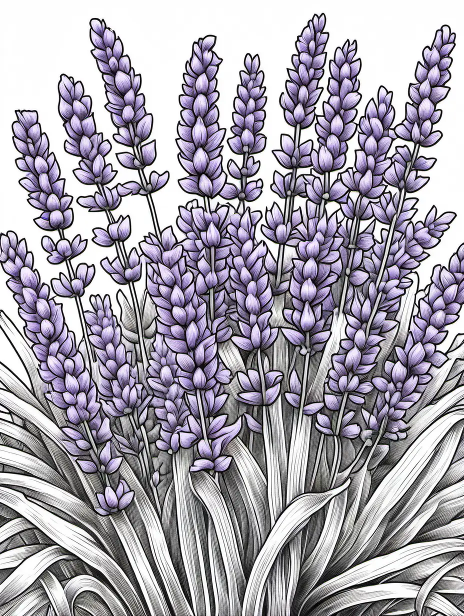 coloring book, black and white, bundle of  lavender, high detail, thick line,



