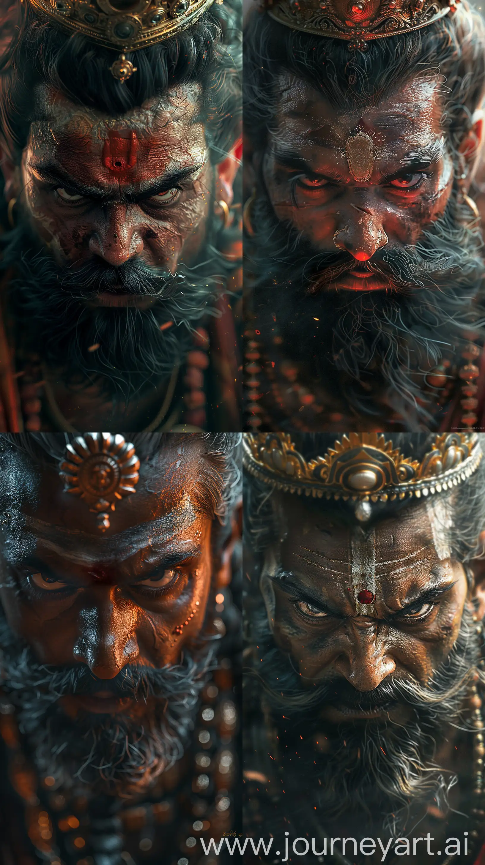 Image depicting an Indian demon from Ancient times, with a serious look on his face, crowned, in his forties, black hair and beard, angry, intricate details, 8k quality images, bright soft lighting --s 200 --ar 9:16