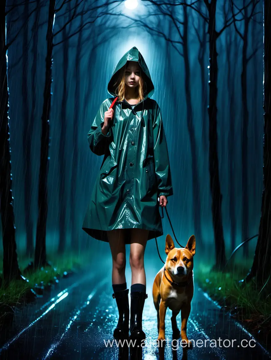 Девушка в дождевике, сапоги, дождь, ночь, лес, собака на поводке.