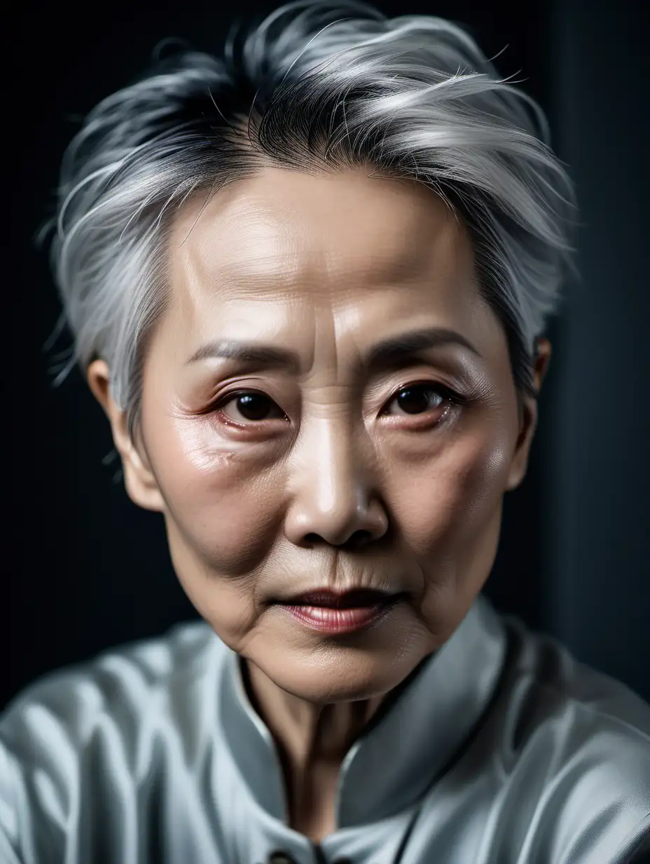 A graceful elderly Carina Lau  with silver hair and a lifetime of stories, captured in close-up, her eyes reflecting wisdom and strength, shot with Canon EOS R5, hyperrealistic photography, emphasizing dignity and the beauty of age