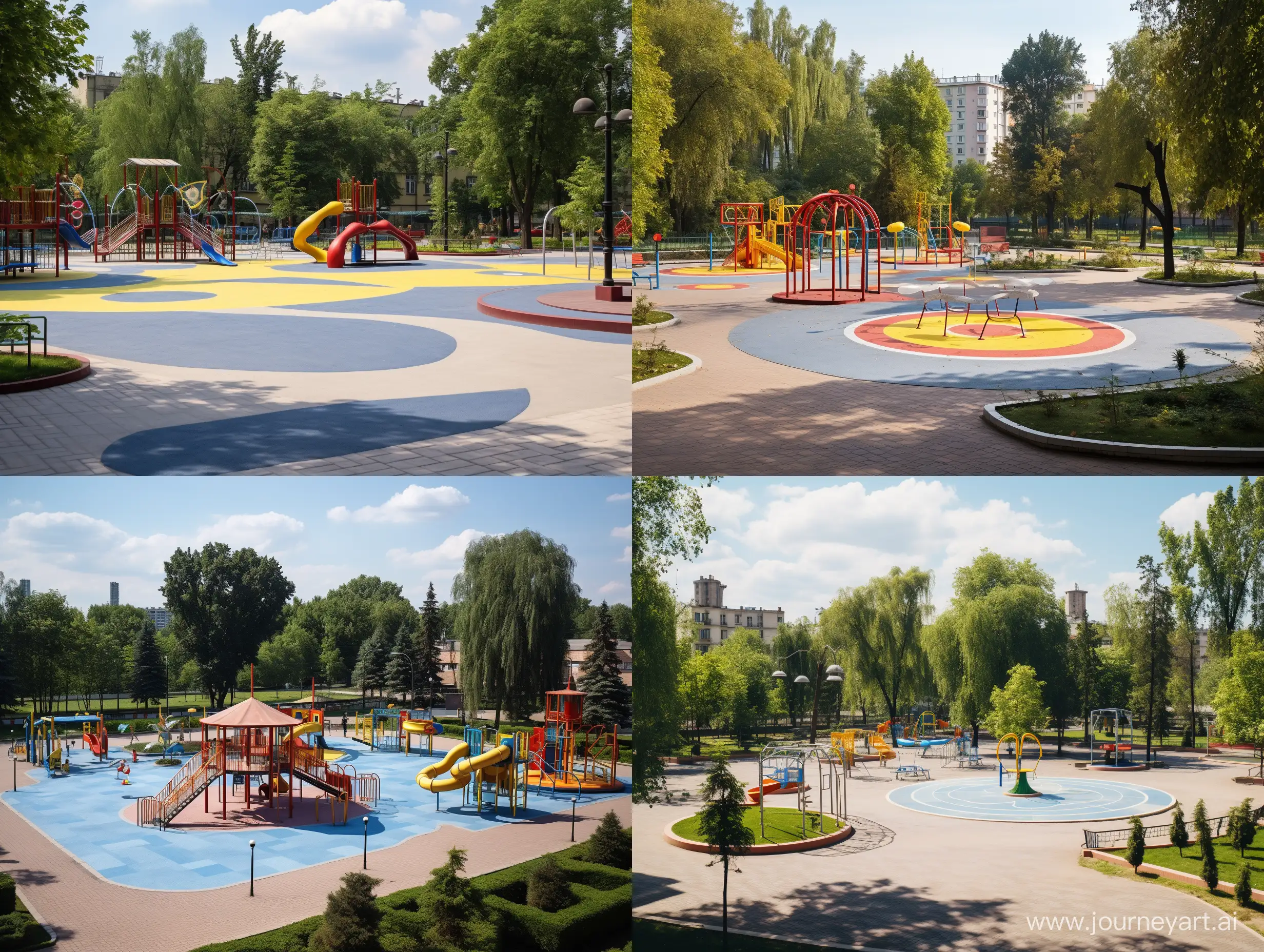 The photo shows a spacious square with various areas for active recreation. There are no houses or other buildings nearby. In the center you can see a children's playground with swings, slides and carousels, surrounded by soft surfaces for the safety of children. Next to the children's playground there is a training area equipped with various sports equipment for physical exercise. In another corner of the square there is a work-out area with various sports equipment designed to strengthen muscles and maintain physical fitness. Next to it is a multi-purpose sports court with basketball hoops, football goals and a volleyball net, where sports lovers can indulge in competitive games. The square is decorated with landscaping with a variety of trees, flowering shrubs and lawns, flowers, creating a pleasant atmosphere. Between the zones there are paths and sidewalks for walking, as well as areas with benches and tables where people can relax and enjoy nature.