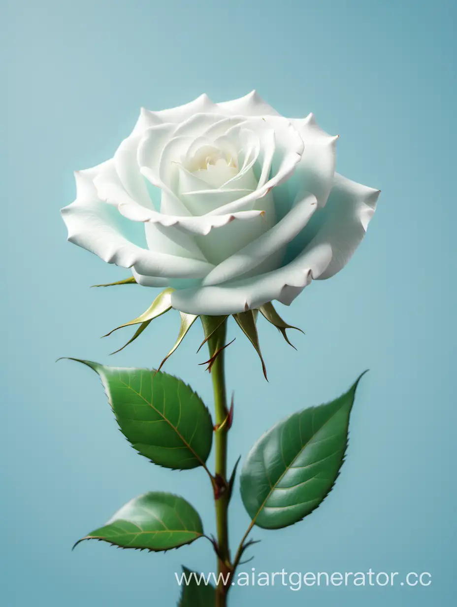 Elegant-4K-HD-White-Rose-with-Lush-Green-Leaves-on-a-Serene-Light-Blue-Background