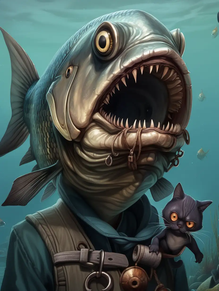 fish person, dnd style, fish head, black eyes, eyes full of horrors, this fish has seen some shit, from a fishing village, hates cats but its a secret, fisherman