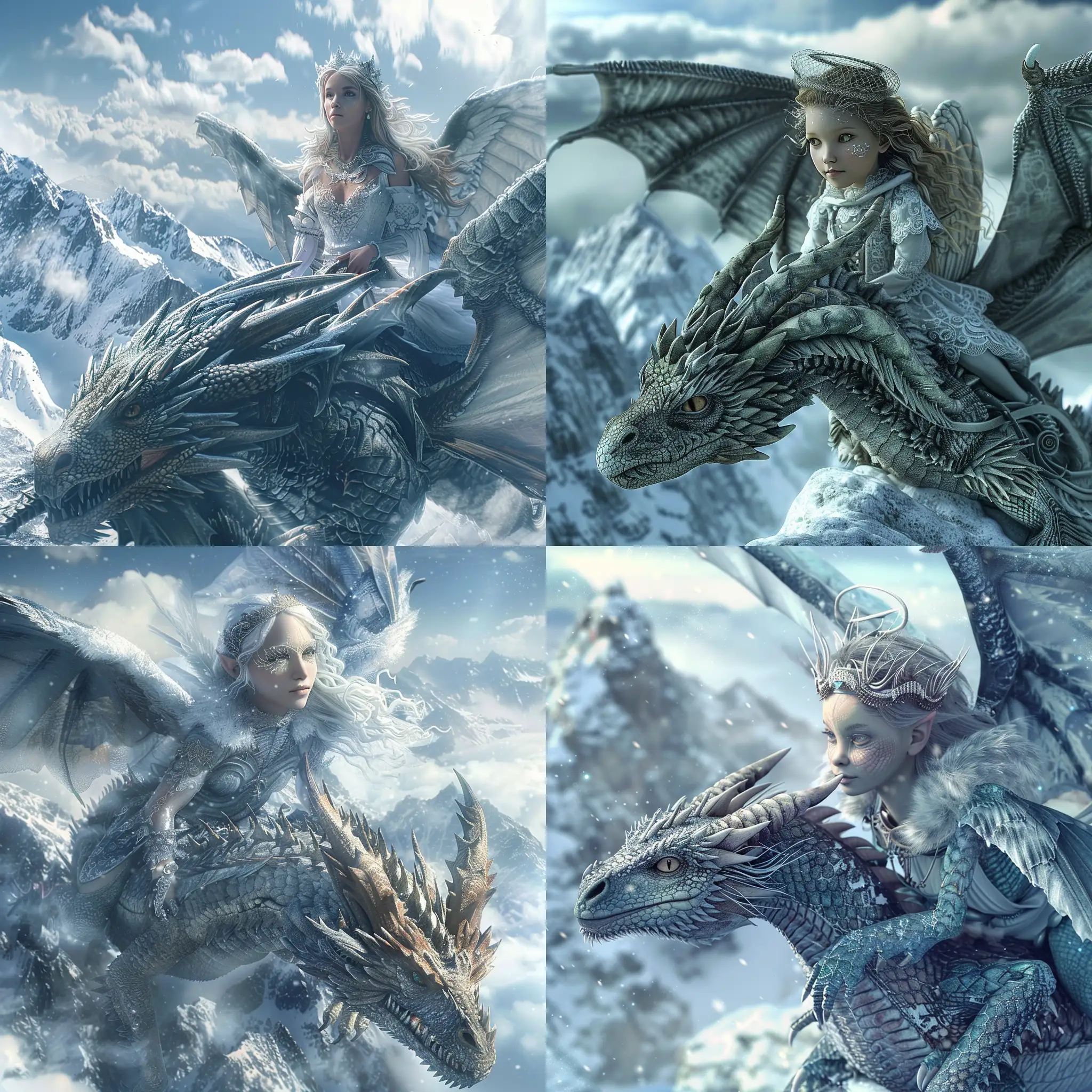 An angel with delicate facial features riding a dragon over snowy mountain peaks.  Beautiful magical mysterious etheral  highly detailed,  photographic 