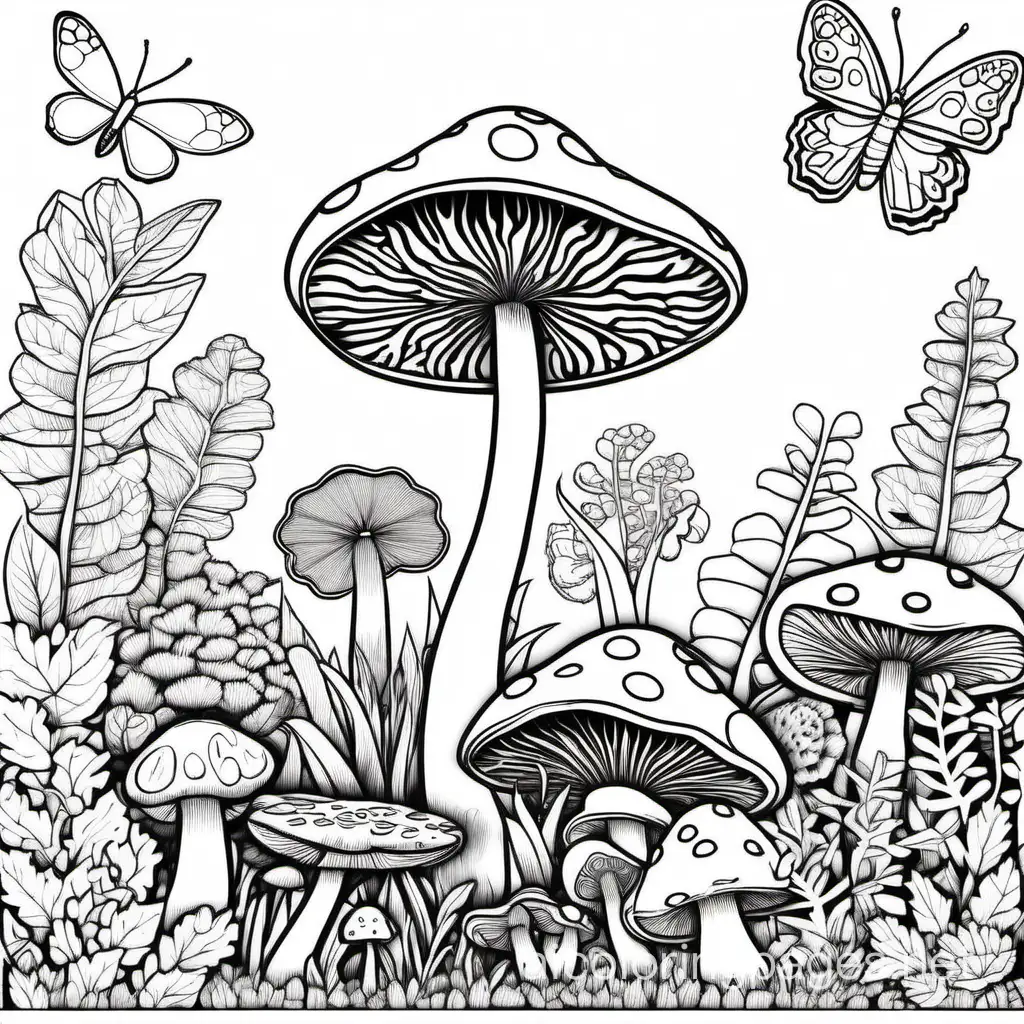 create a black and white image of bold mushroom, standing tall, small plants growing around it  a butterfly patched  and a rabbit nearby, no dark shadings at all, let it be beautiful and bold  for an adult coloring book., Coloring Page, black and white, line art, white background, Simplicity, Ample White Space. The background of the coloring page is plain white to make it easy for young children to color within the lines. The outlines of all the subjects are easy to distinguish, making it simple for kids to color without too much difficulty