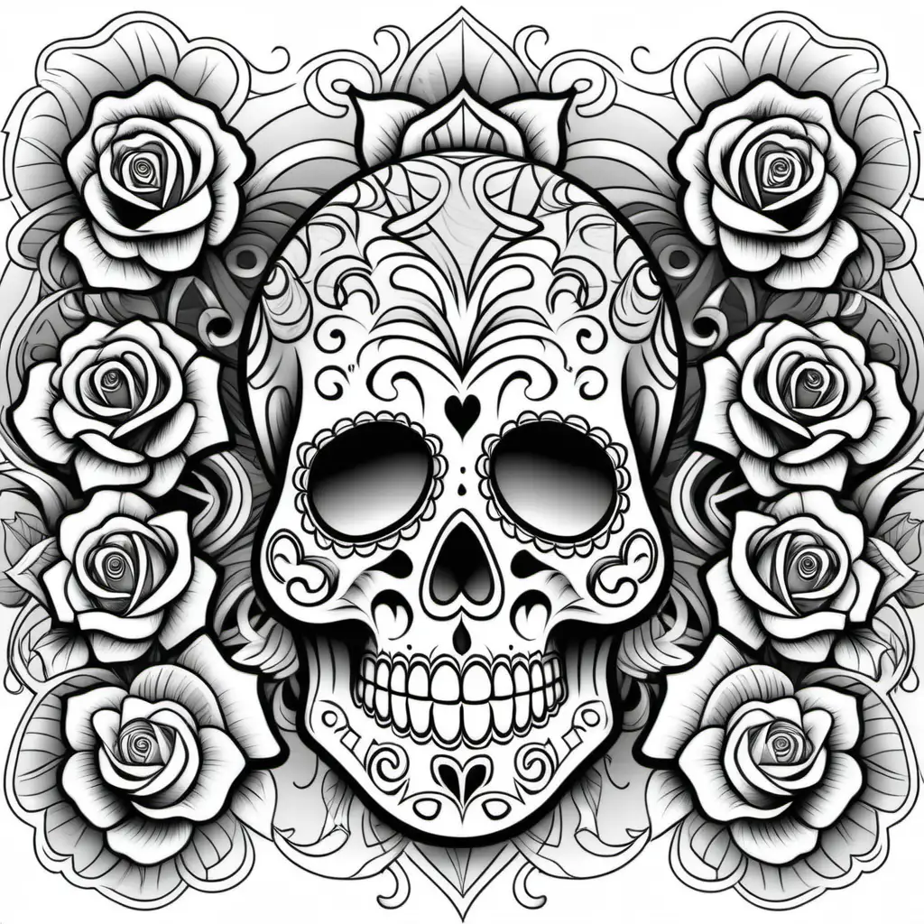 abstract detailed black lined day of the dead sugar skull with roses and filigree designs coloring pages
