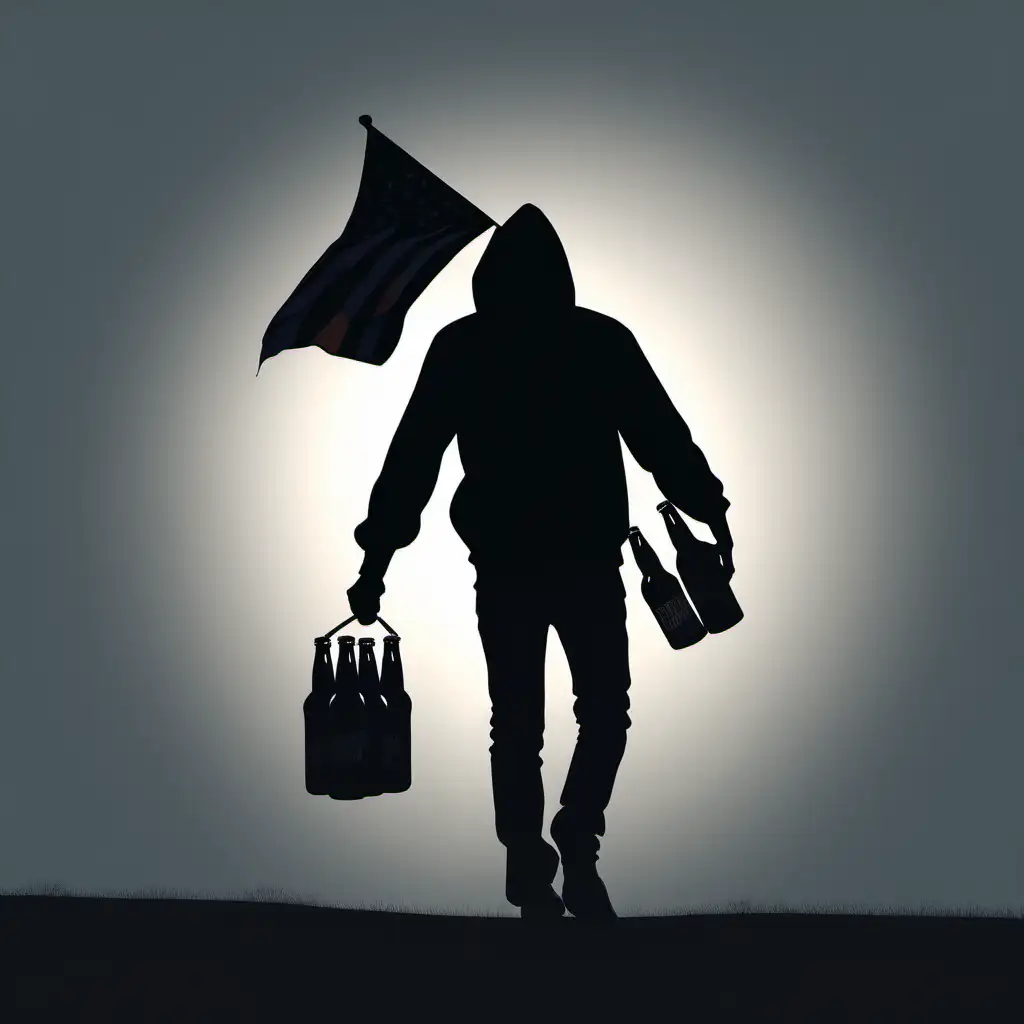 Silhouette of Drunk Man Walking with Beer and Flag