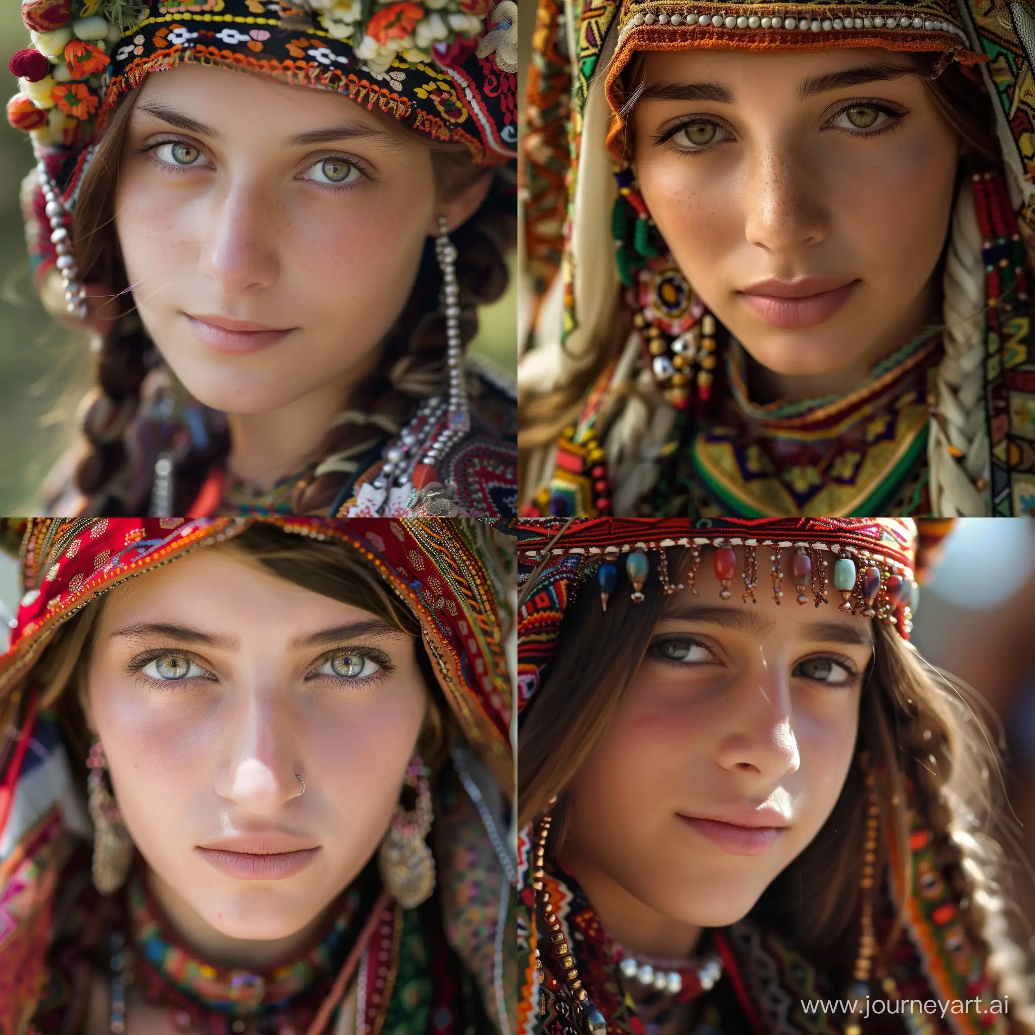 Close-up of a Circassian girl in traditional attire --v 6 --ar 1:1 --no 18657