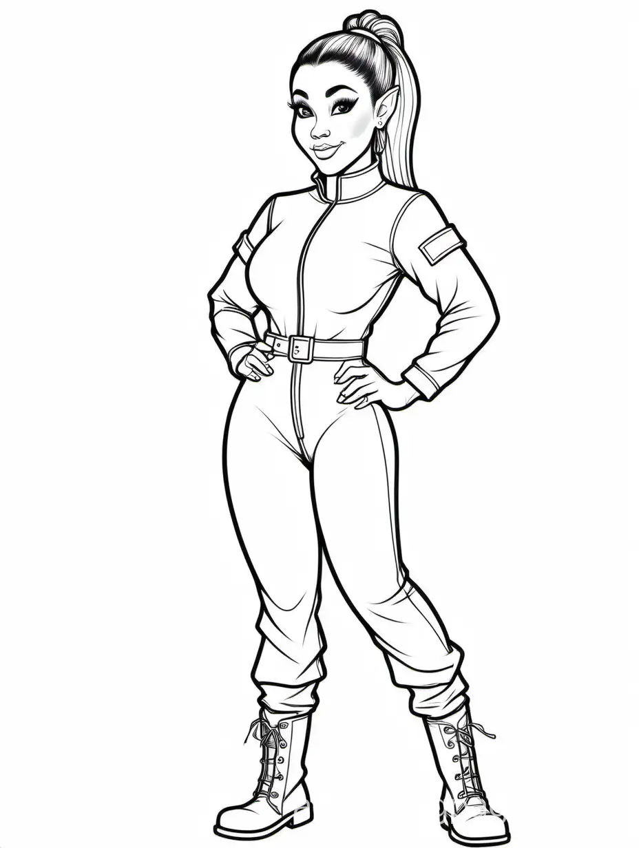 Polynesian styled elf, Thicc, wearing skintight boiler-suit with rolled up sleeves and knee high boots, hair in a high pony-tail, Coloring Page, black and white, line art, white background, Simplicity, Ample White Space. The background of the coloring page is plain white to make it easy for young children to color within the lines. The outlines of all the subjects are easy to distinguish, making it simple for kids to color without too much difficulty