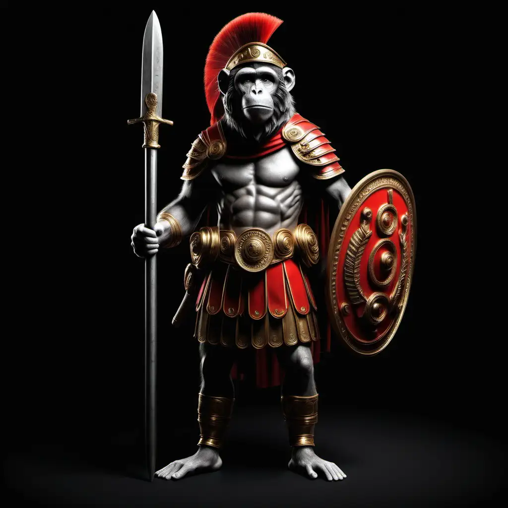 Направи смесица между маймуна и римския войник в цял ръст на черен фон