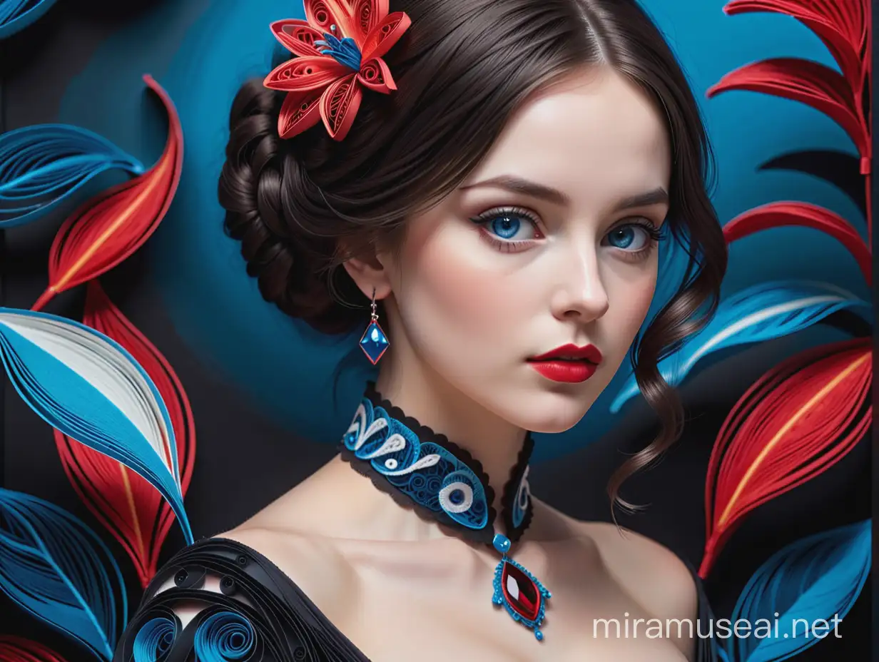 Anna Karenina; A beautiful woman standing in a dark, realistic blue eyes, mixed media, patchwork, quaint, Goth, black and white textures, splashes of red, red lips, by Aubrey Beardsley by Tomasz Setowski by Iwona Lifsches. 3D image, Nikon D850  sharp focus  elegant  Award winning photography  fantasy  intricate  8k  very attractive  beautiful  dynamic lighting  hyperrealistic  4K 3D  quilling  John James Audubon 