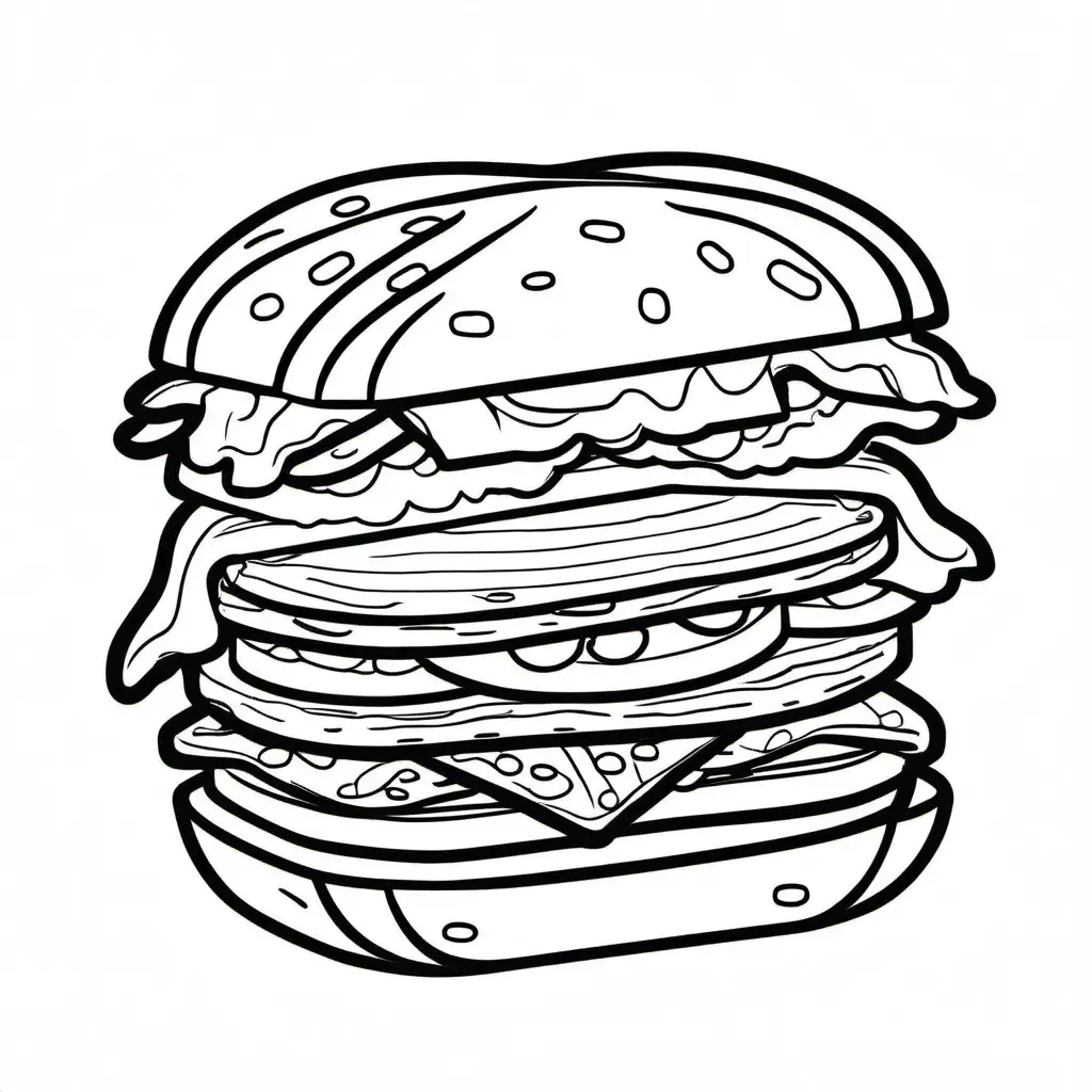 Sandwiche food bold ligne and easy for kids, Coloring Page, black and white, line art, white background, Simplicity, Ample White Space. The background of the coloring page is plain white to make it easy for young children to color within the lines. The outlines of all the subjects are easy to distinguish, making it simple for kids to color without too much difficulty