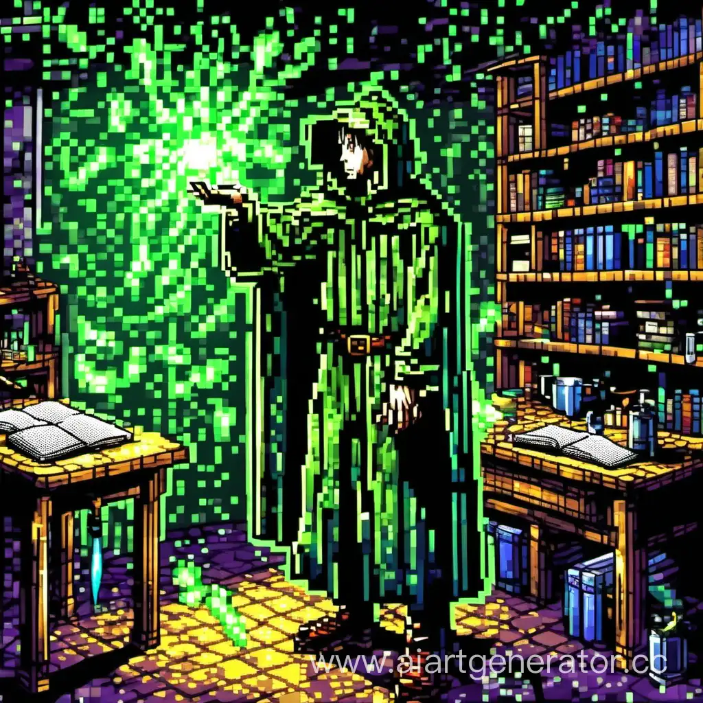 pixel art. A male magician in a shabby raincoat stretched out his hand, a green light glows from his hand, and random formulas from physics fly in this light. The light is so bright and the wind blows strongly that the magician covered his eyes with his hand, and the cloak stretched back. The picture is darkened, and the action takes place in a medieval room.