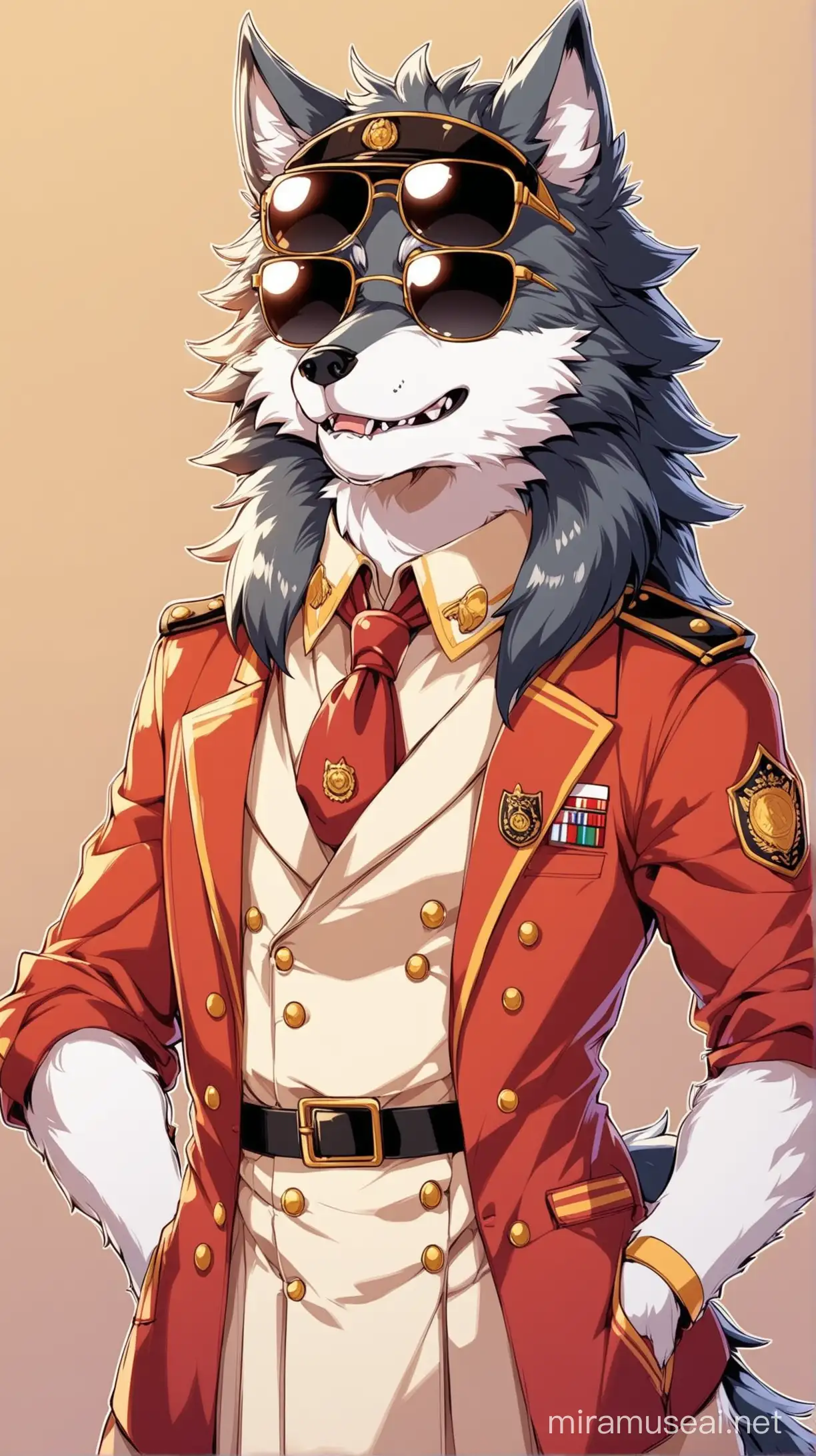a cute anime anthro wolf wearing sunglasses and old uniform happy