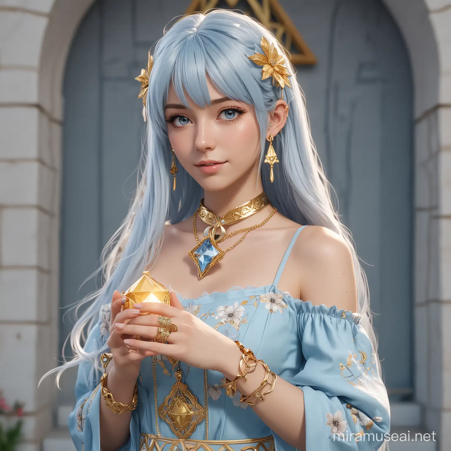 Faruzan from Genshin Impact, long pale blue hair with gold clips, bangs, pale blue eyes, pale blue-gray dress with floral and geometric appliques accurate to in-game appearance, square bangle bracelets, holding a small pyramidal glowing device and looking at the viewer