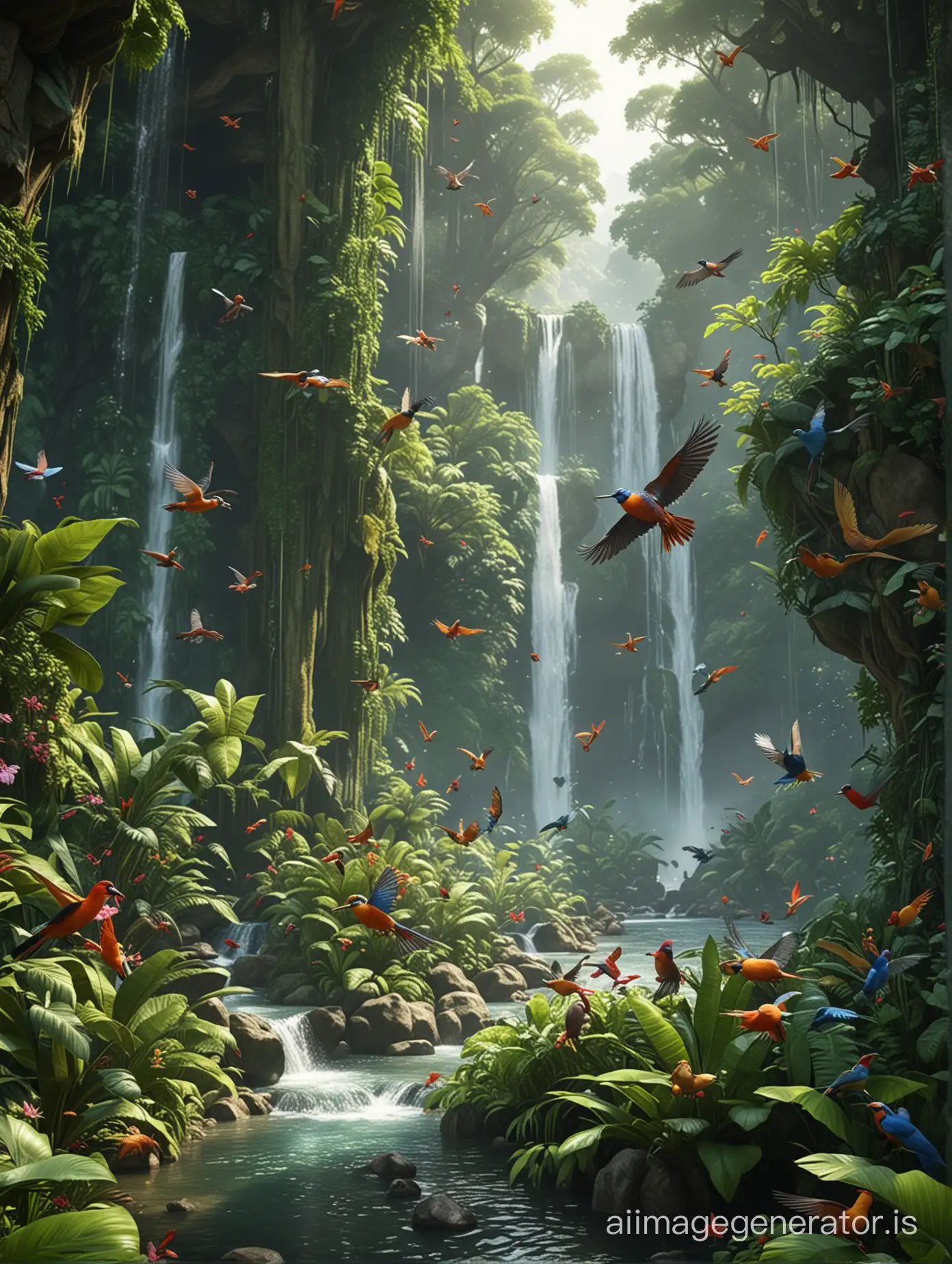 The vibrant flying birds in 'Radiant Rainforest', surrounded by the canopy bright lush, verdant, and tropical bloom teeming ecosystem, with exotic animals, plants, and cascading waterfalls, super detailed, photorealistic materials, v-ray render, 4k