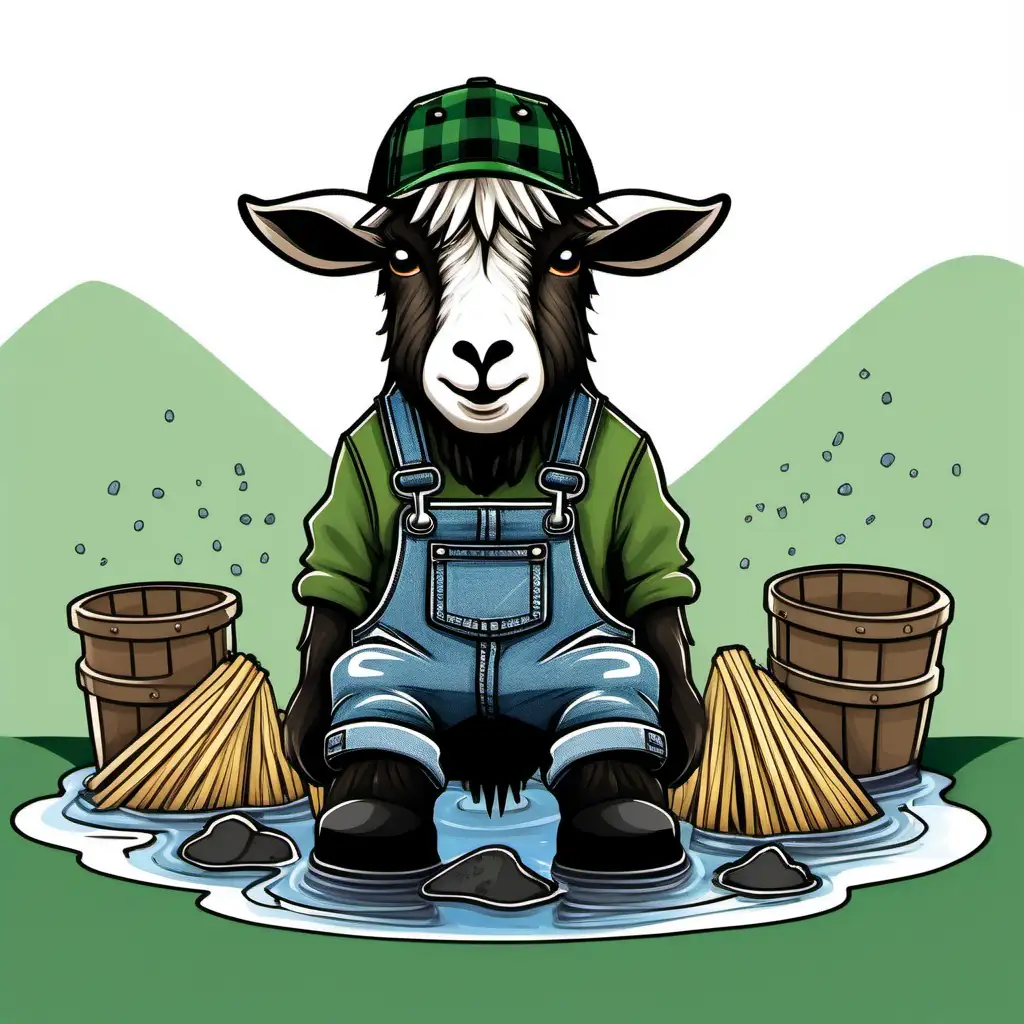 Create a cartoon of a highland goat in denim bibs with a green and black flannel wearing a truckers cap with a black front sitting in a mudd puddle with pieces of straw hanging out of his mouth