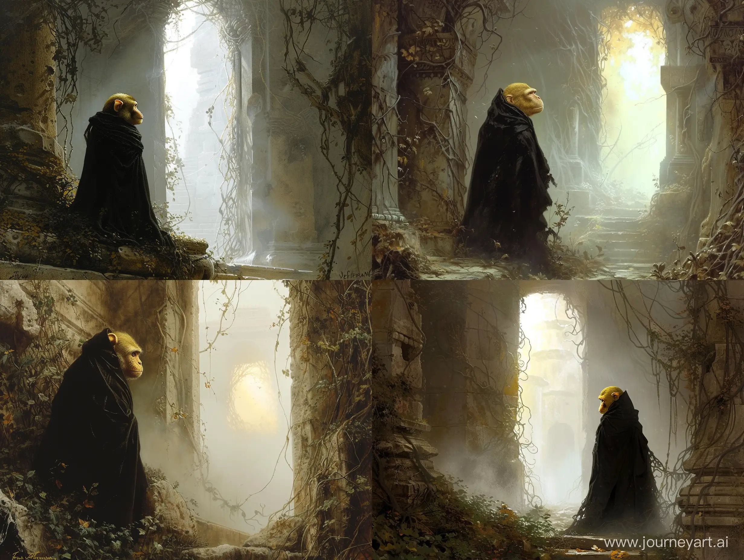 Frank frazetta : 1800s derailed romanticism painting: A small golden snub-nosed monkey wearing a black cloak stands in a foggy stone temple covered in undergrowth and vines, looking out an opening into sunlight. Background: Rembrandt van rijn, baroque, Thomas Moran 
