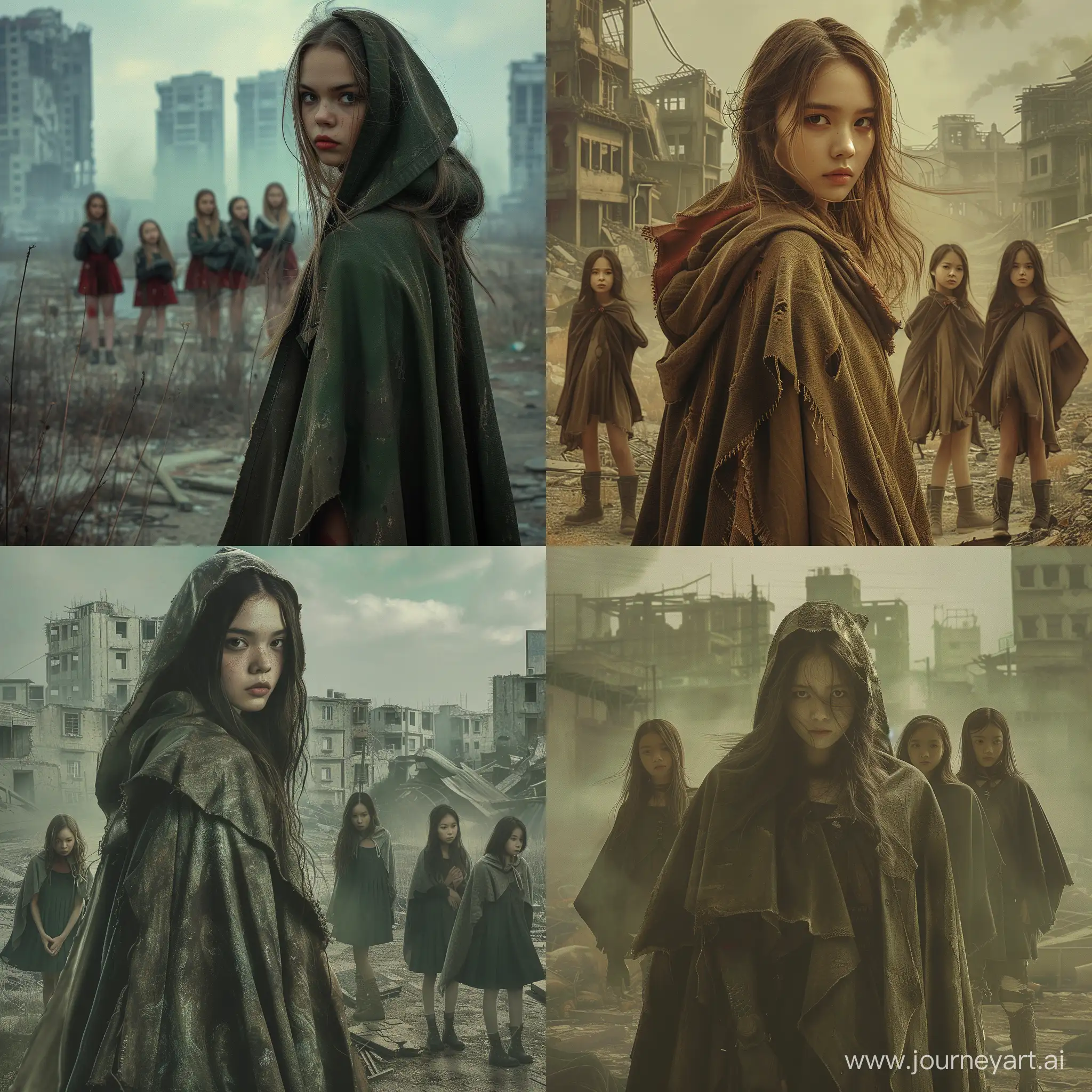 PostApocalyptic-City-Enigmatic-Woman-in-Cloak-Amidst-Five-Girls-Music-Album-Cover