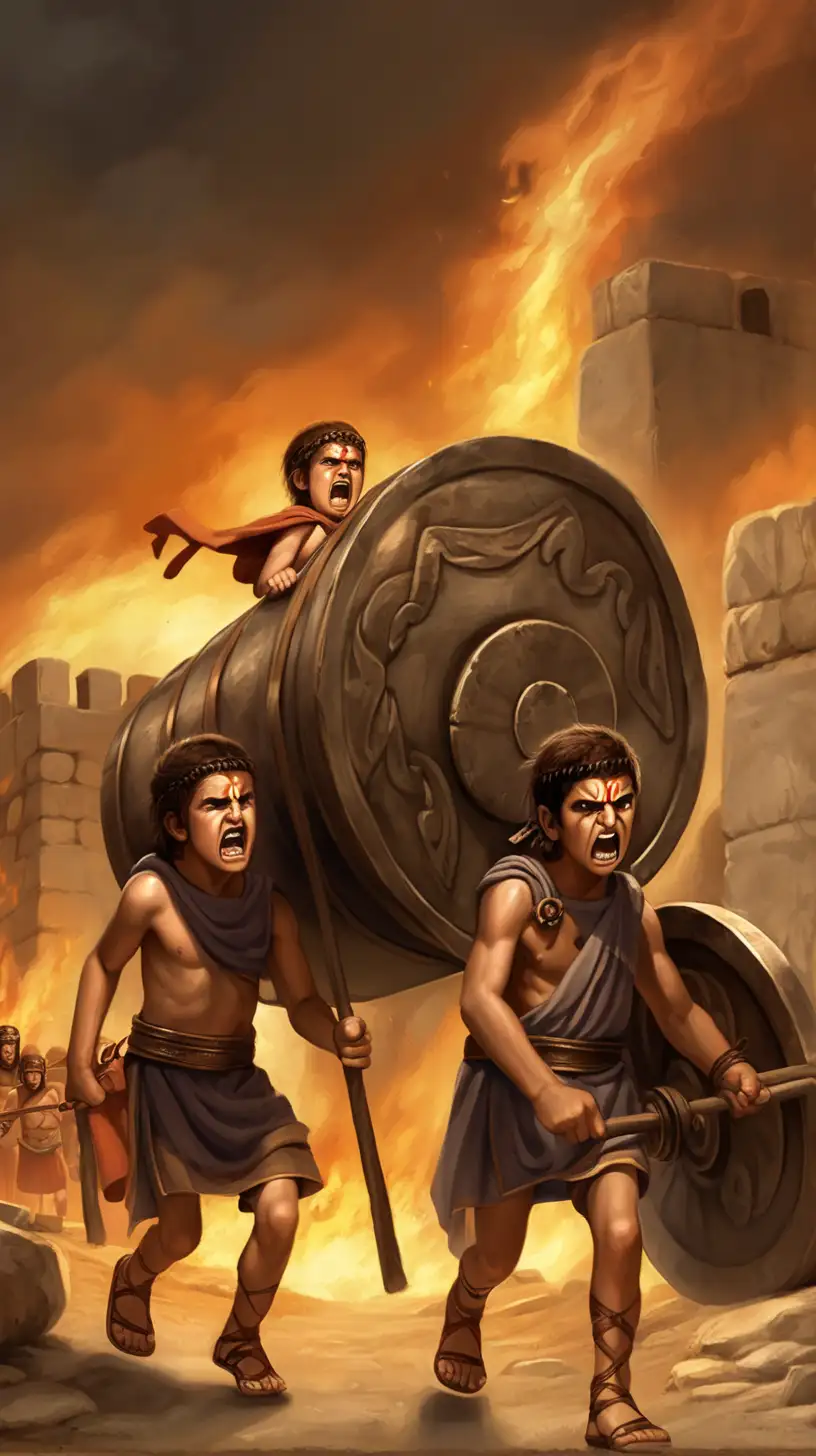 ancient sparta 3 children are angry and they are pulling a heavy load, there is darkness and fire around
