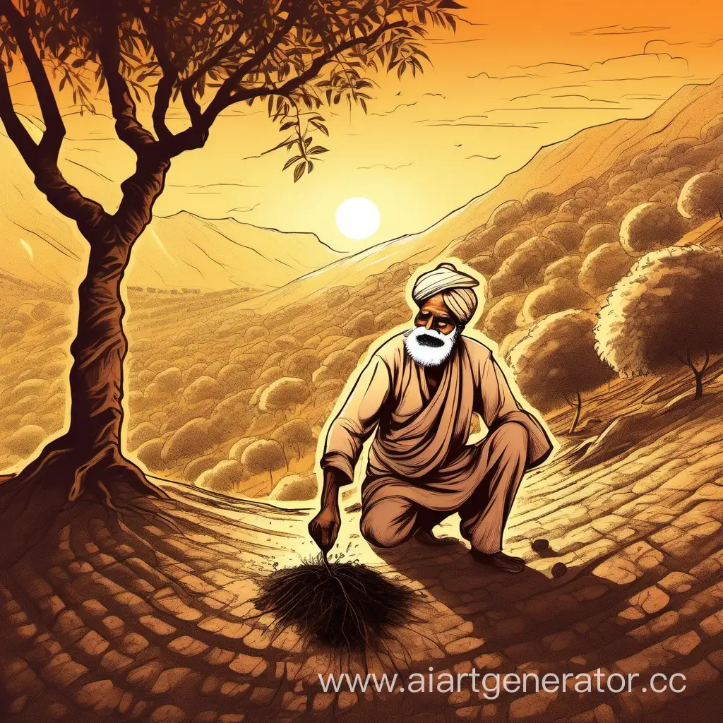 Cultivating-Generations-Elderly-Indian-Man-Planting-Walnut-Saplings-at-Sunset