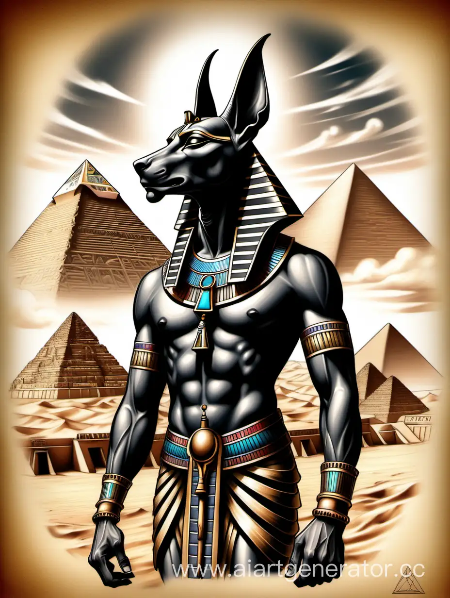 Ancient Egypt, the god Anubis, pyramids in the background, tattoo sketch, realism, in the background, sky