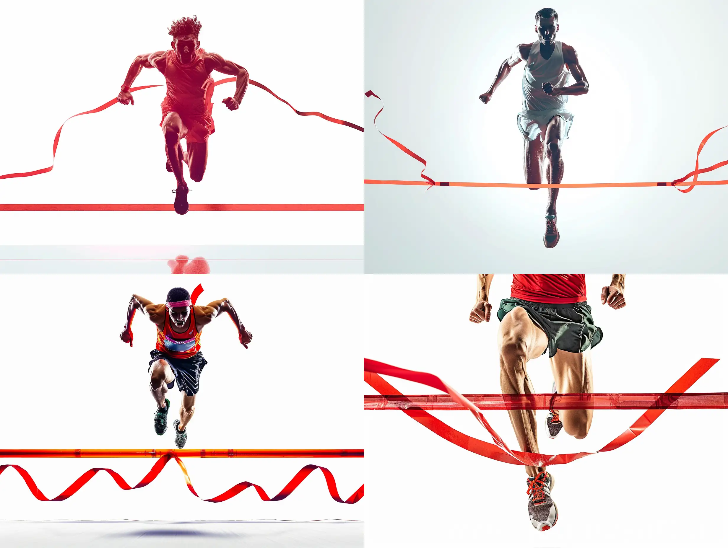 a runner jumping to the finish line, he is trying to win the race, front view, realistic, real person, stock image, white background, focus on body, natural front light