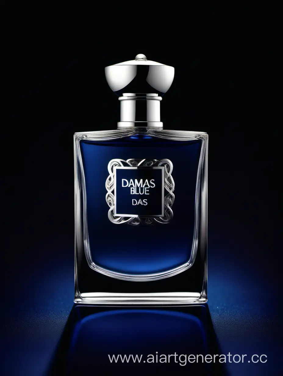 Luxurious-Silver-and-Dark-Matt-Blue-Perfume-on-Black-Background-with-Elegant-Damas-Text-Logo
