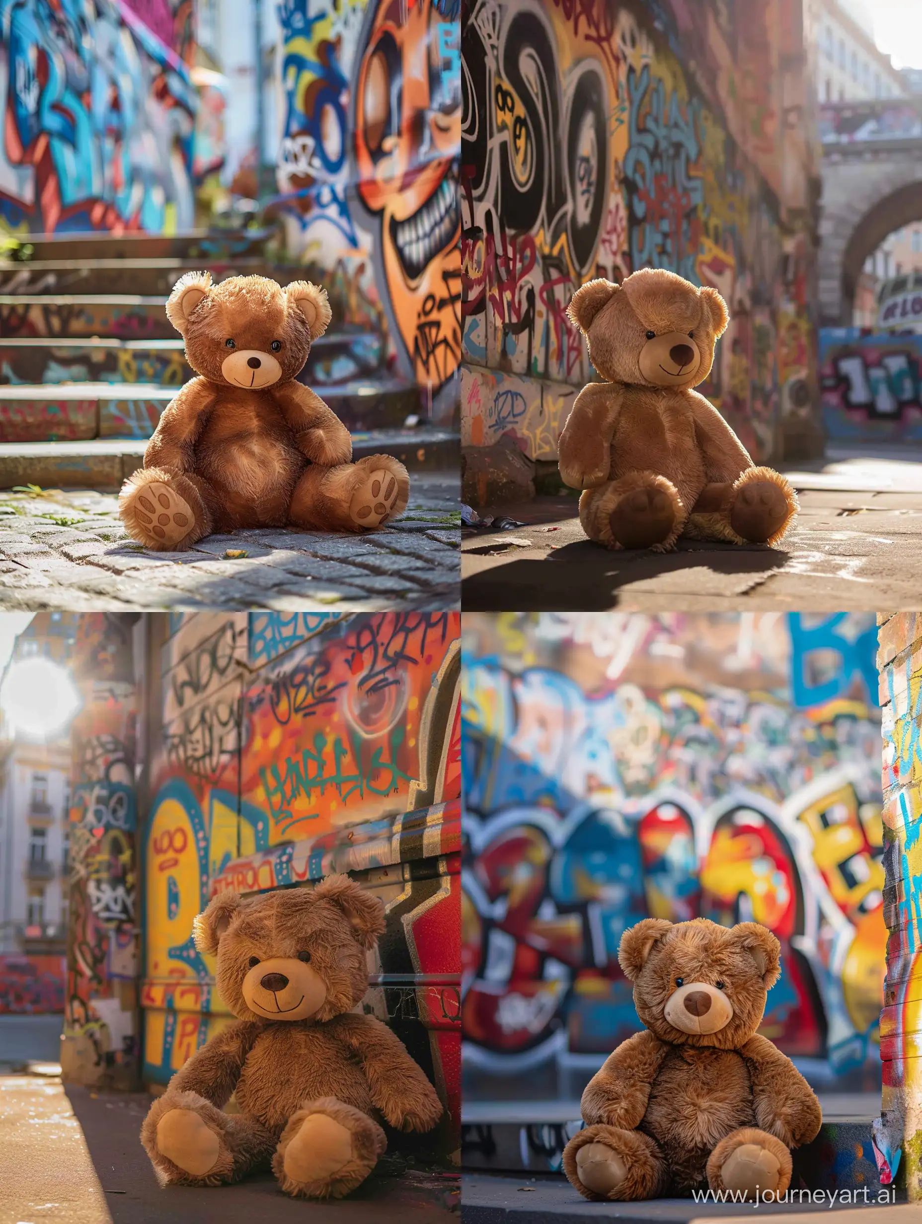 Стиль плакат, стиль иллюстрация, коричневый плюшевый медведь фотографируется на фоне уличного граффити, цвета яркие, солнечный полдень, стиль символизм, стиль постер