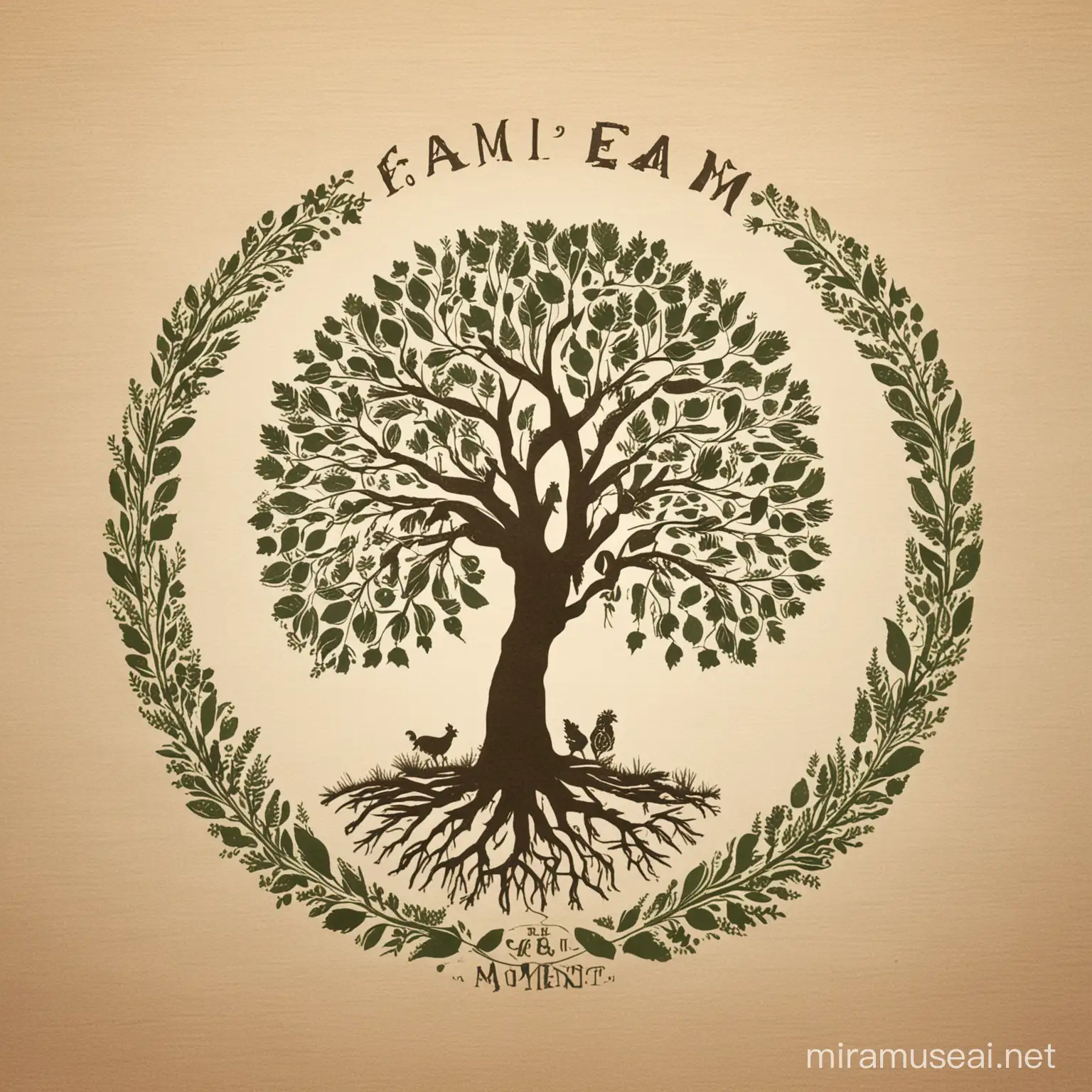 The logo is a harmonious blend of nature and education elements, symbolizing the core values of Hamilton Pool Farm School. At the center is a stylized, green tree that represents growth and connection to nature. Its roots are visibly intertwined with soil, hinting at the importance of understanding and nurturing the earth.

Surrounding the tree, a circular design incorporates silhouettes of a chicken and a cow on either side, representing the animal husbandry aspect of the school. The top of the circle is adorned with a gentle arc of leaves and vegetables, showcasing the farm's focus on gardening and sustainable agriculture.

Below the tree, two crossed tools, a gardening hoe and a shepherd's crook, signify the practical skills taught at the farm. The entire design is encircled by a ring, suggesting unity and the cyclical nature of life and learning.

The farm school's name, "Hamilton Pool Farm School," is elegantly written in a clear, serif font, encircling the logo to complete the design. The overall feel is organic and welcoming, inviting viewers to explore the world of farm-based learning.  With a farm school house in the distance.
