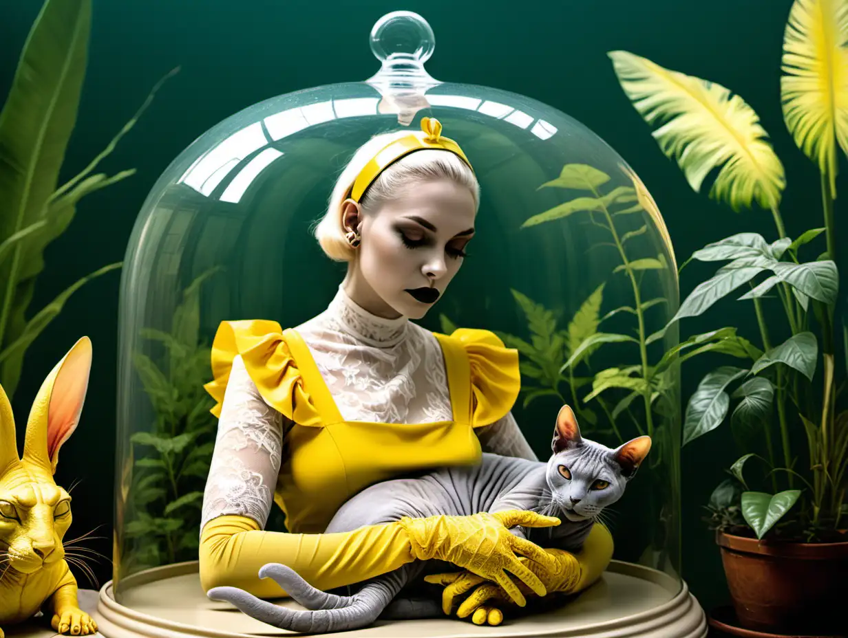 The background is a greenhouse, sphinx cats enclosed in a bell jar, a plastic, yellow, matte woman with rabbit ears, lace gloves on her hands, a crocodile-looking sphinx putting the cat to sleep,
